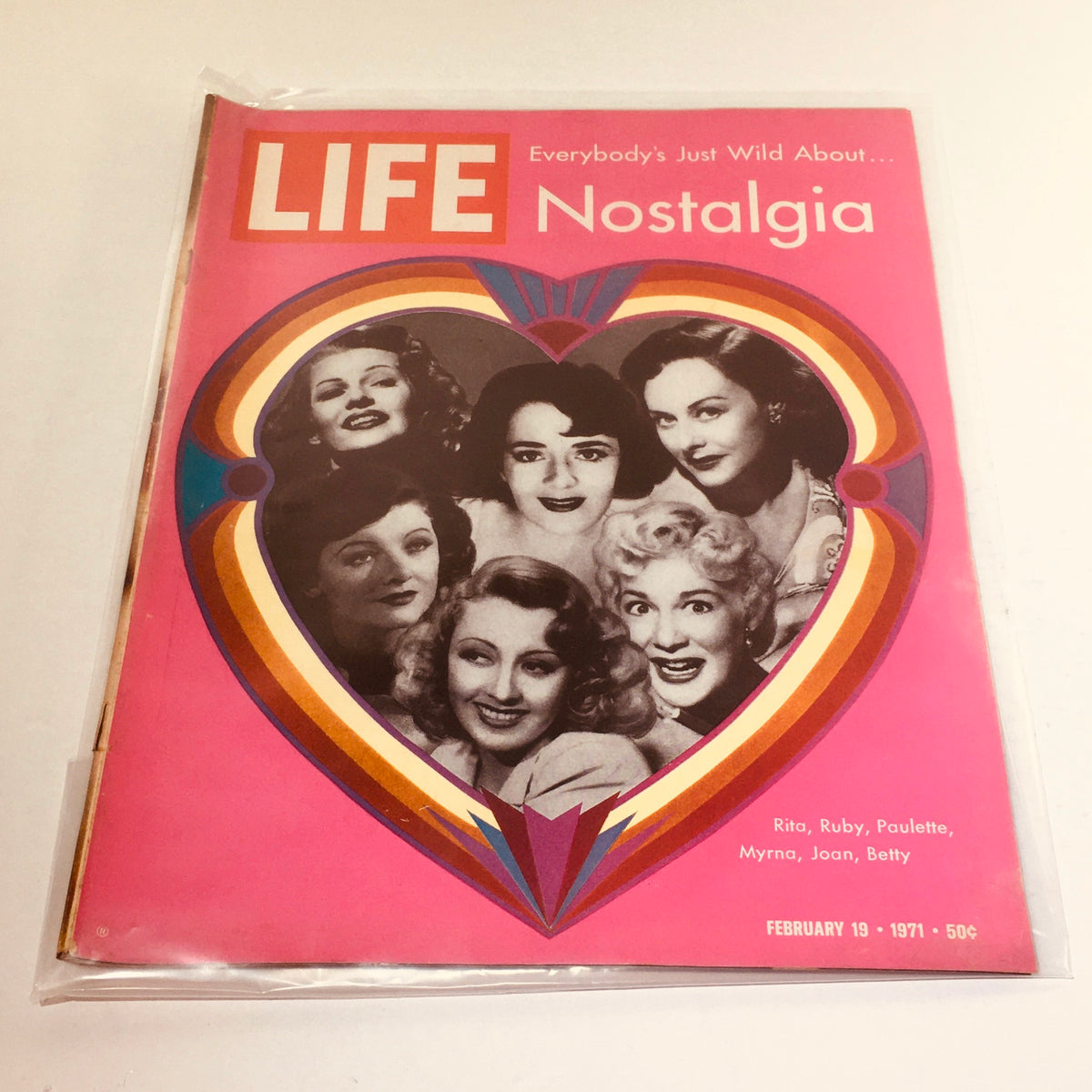 Vintage Life Magazine cover from February 19, 1971 featuring notable personalities including Rita, Ruby, Paulette, and Myrna, highlighting nostalgia in cinema and celebrity culture.