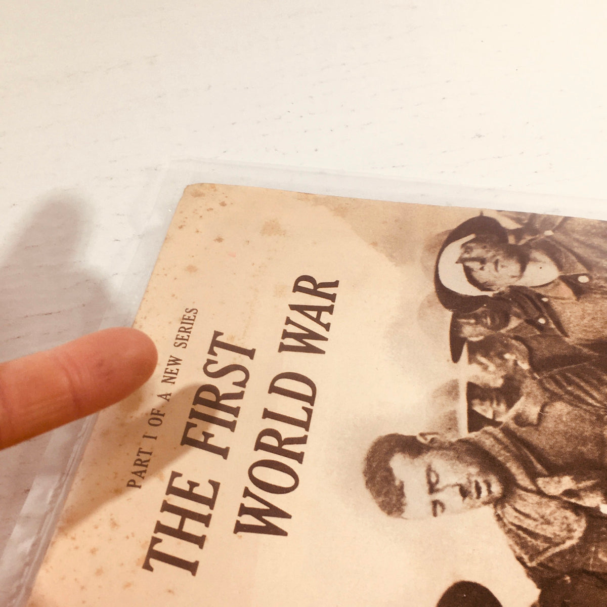 Close-up of the cover section of the VTG Life Magazine from March 13, 1964, featuring the title 'The First World War' indicating it discusses British wounded soldiers during WWI.