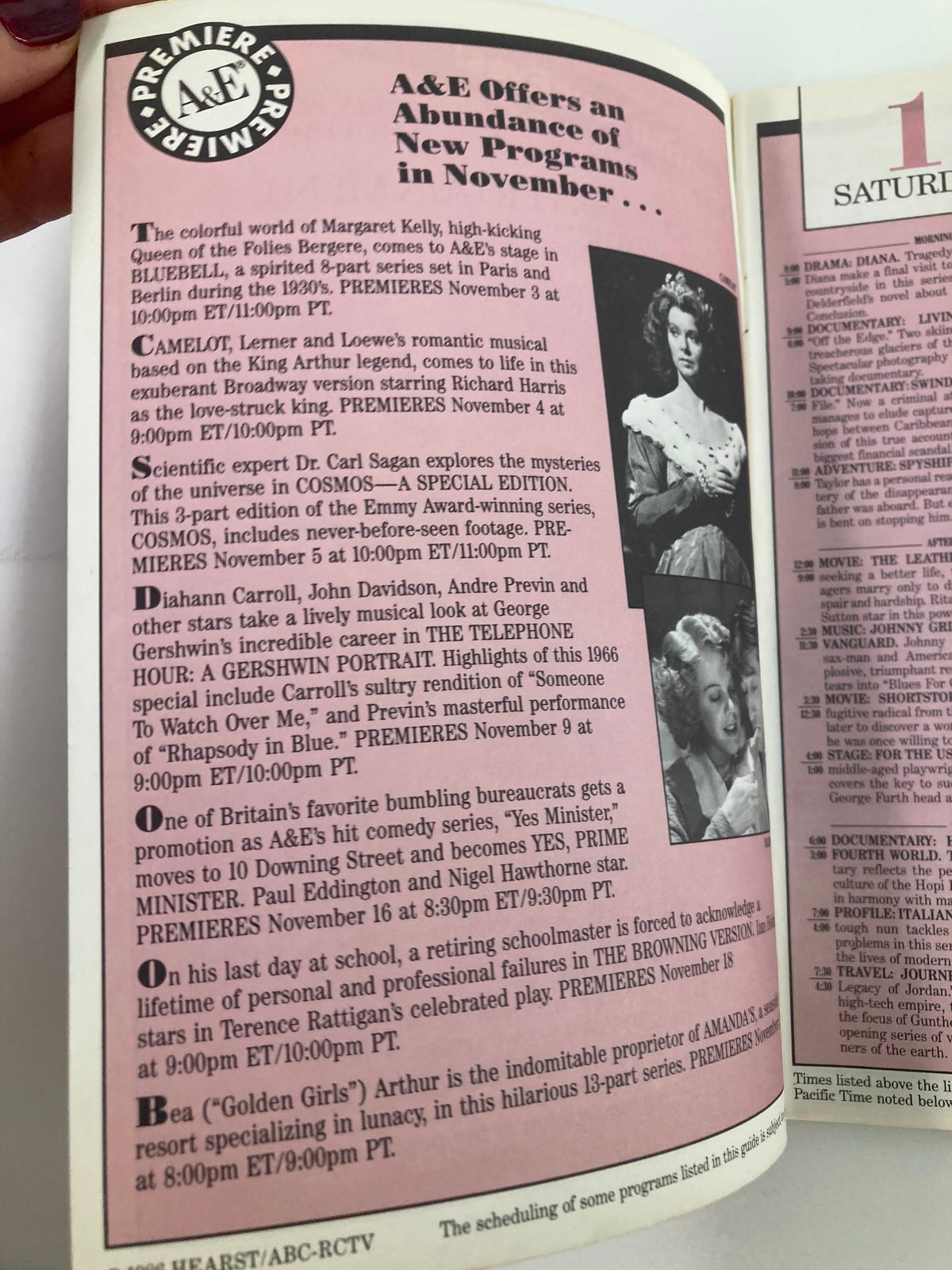 November 1986 Vol 2 #2 Program Guide Arts & Entertainment Cable Network showcasing new programming highlights like 'Camelot' and 'Scientific' features.