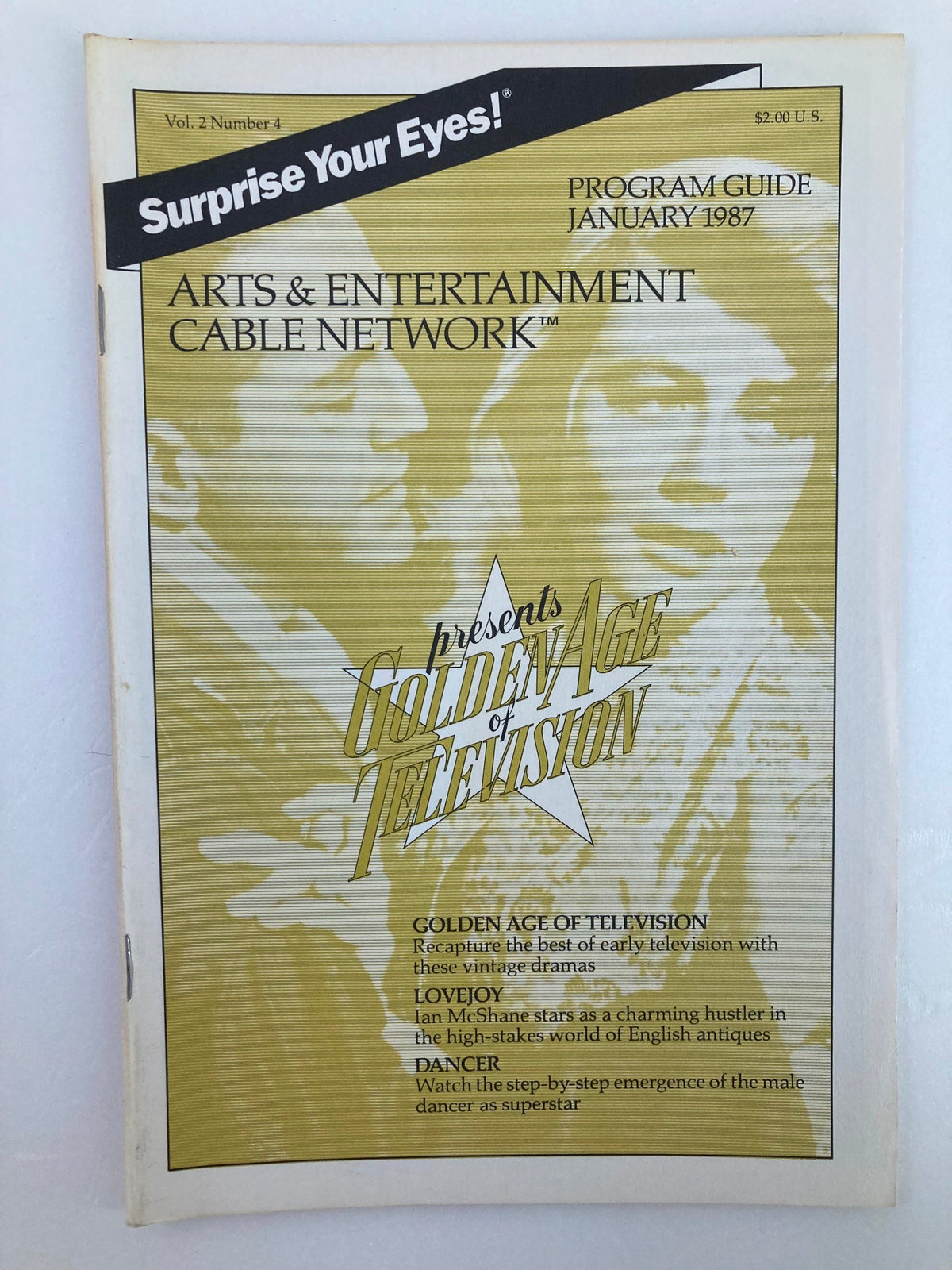 Cover of the January 1987 Vol 2 #4 Program Guide for the Arts & Entertainment Cable Network, featuring headlines about the Golden Age of Television and shows like Lovejoy and Dancer.