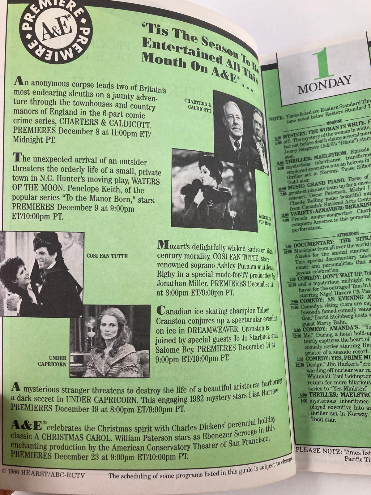 Interior page of December 1986 Vol 2 #3 Program Guide from the Arts & Entertainment Cable Network, detailing television programs such as 'Cosi Fan Tutte' and 'Under Capricorn' with a schedule for A&E network.