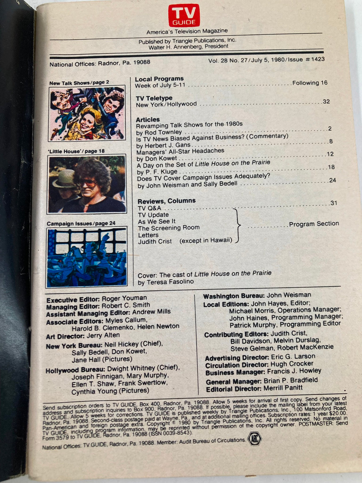 Inside page from TV Guide Magazine July 5, 1980, detailing articles and local programs, including a feature on 'Little House on the Prairie'.