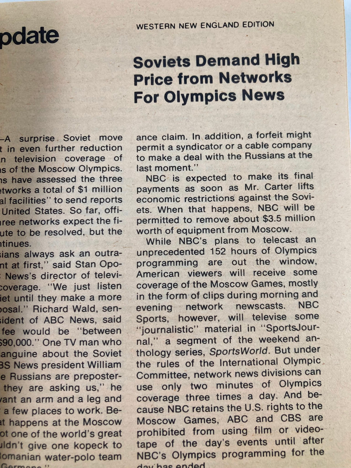 An article in TV Guide Magazine July 5, 1980, discussing television coverage of the Moscow Olympics, highlighting challenges faced by networks.