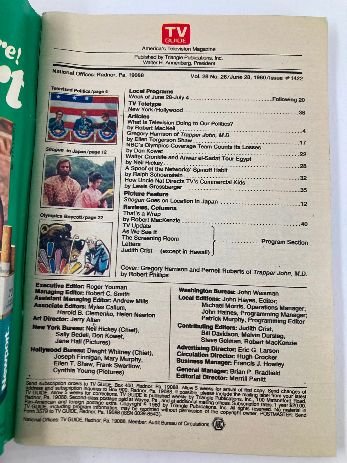 Inside page of TV Guide Magazine dated June 28 1980. It includes program listings and featured articles discussing television politics, including mentions of 'Trapper John, M.D.' featuring Gregory Harrison.