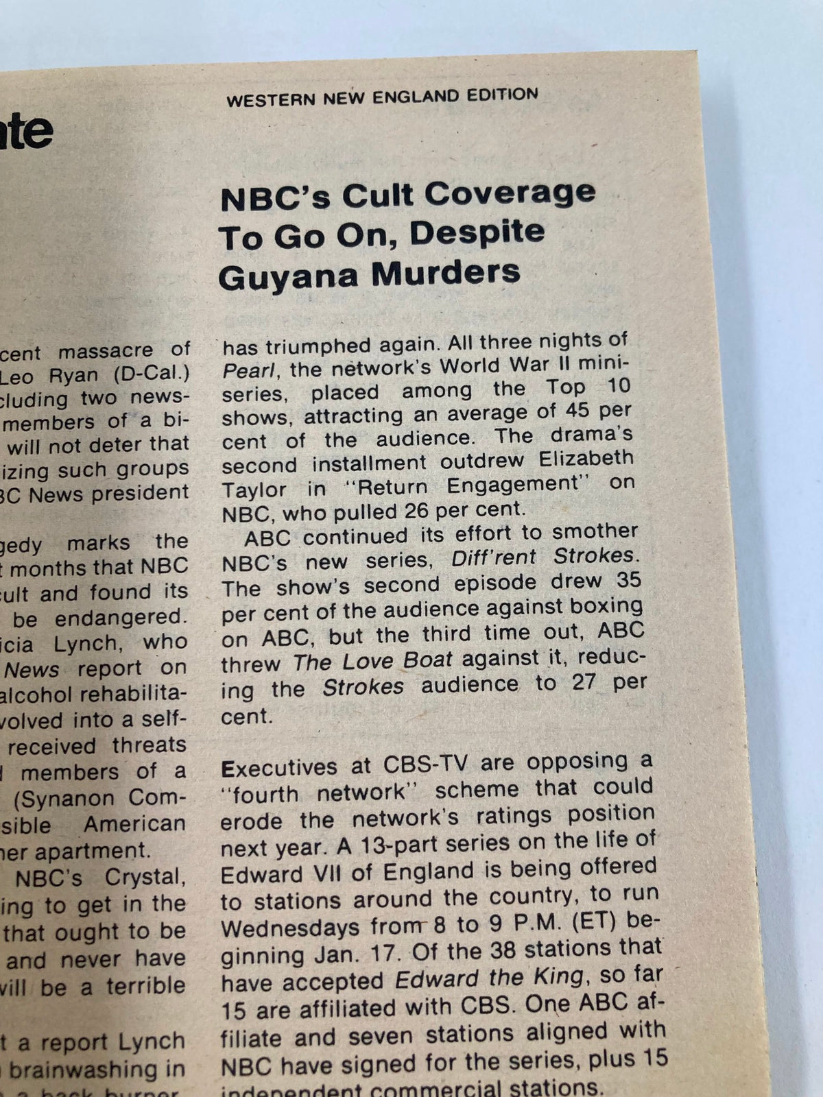 Article excerpt from TV Guide Magazine December 2 1978 discussing NBC's cult coverage amidst contemporary events, part of the Western New England Edition's vintage charm.