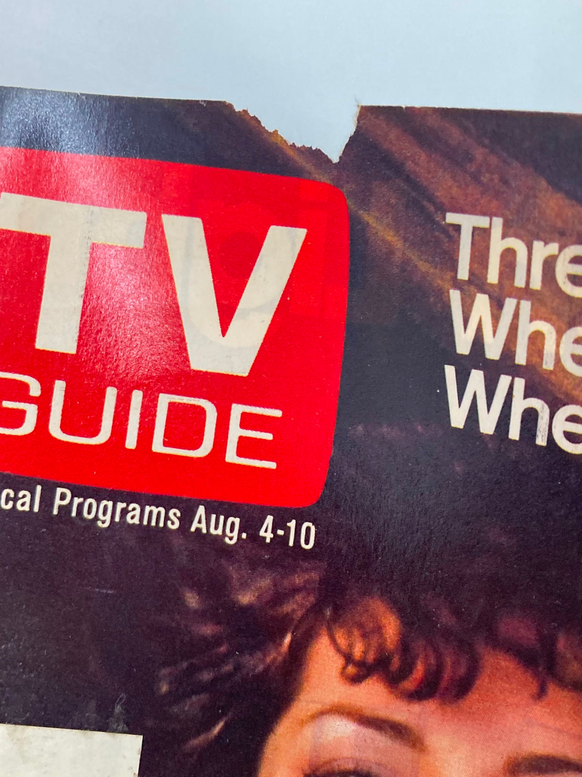 Close-up view of TV Guide Magazine August 4 1979 #1379 revealing the damaged cover corner and details of the publication including Joyce DeWitt.