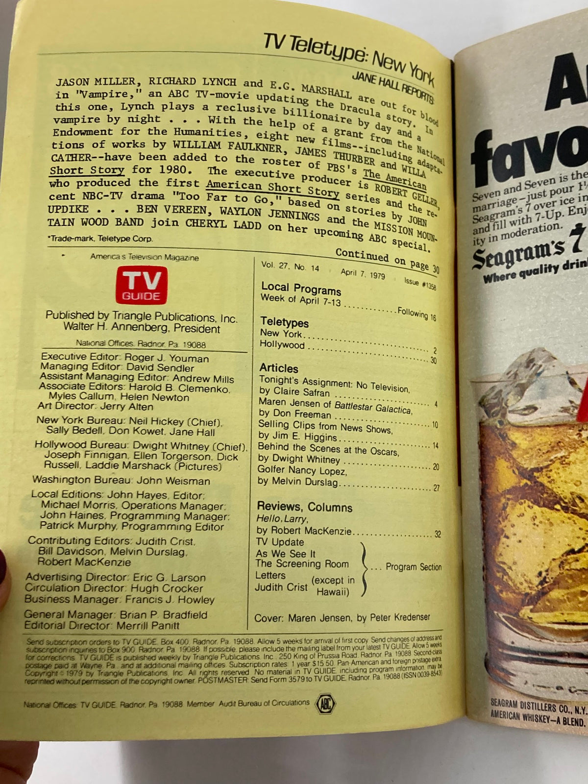 Inside page of TV Guide Magazine April 7 1979 issue #1378, detailing local television programs for the week and featuring text about various TV shows, including 'Battlestar Galactica'.
