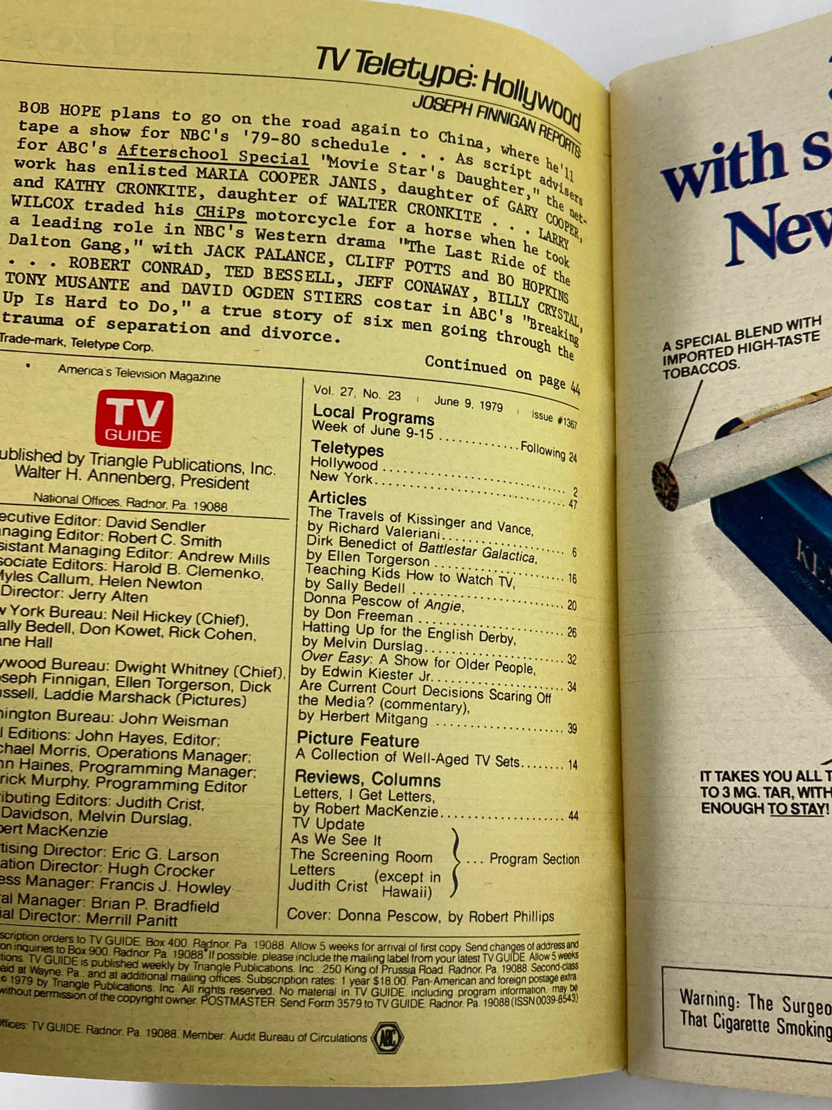 Interior page of TV Guide Magazine June 9, 1979, displaying articles and features related to television programming, including a notable segment on Donna Pescow.
