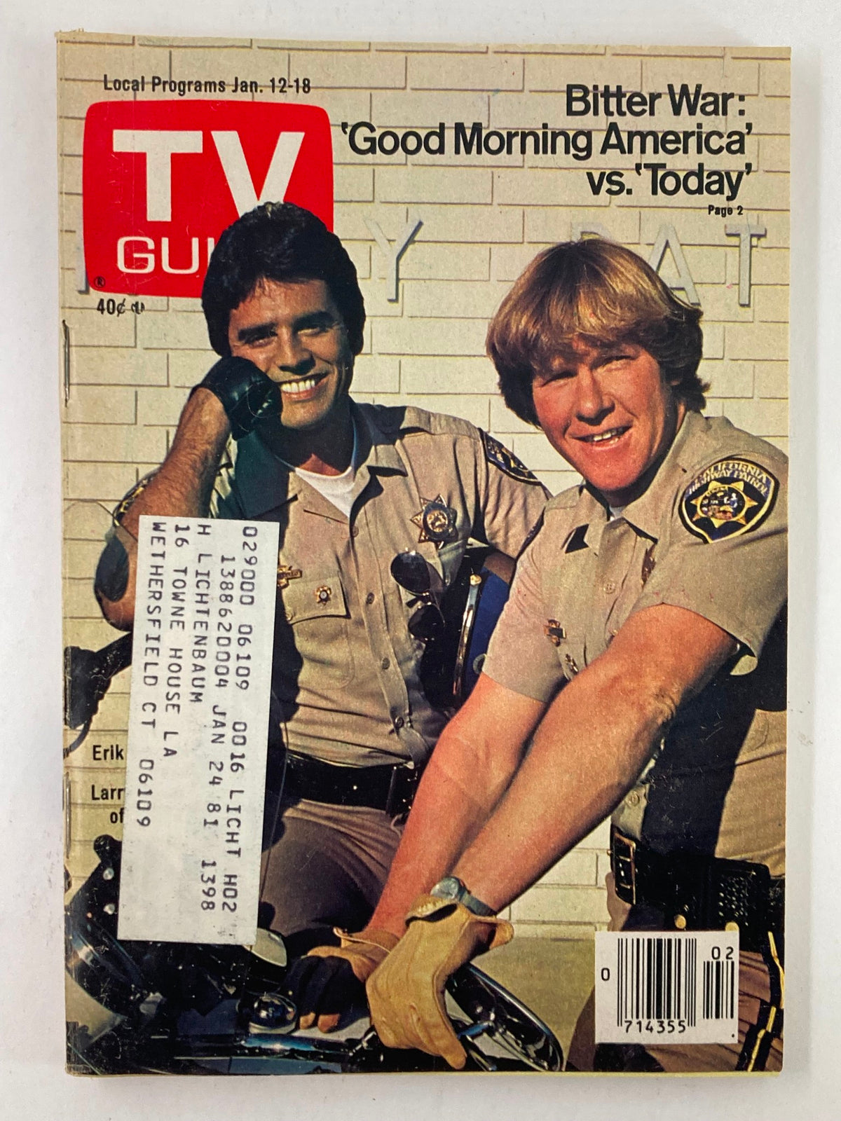 TV Guide Magazine January 12 1980 featuring Eric Estrada and Larry Wilcox on the cover, showcasing popular police drama 'CHiPs' and vintage entertainment history.