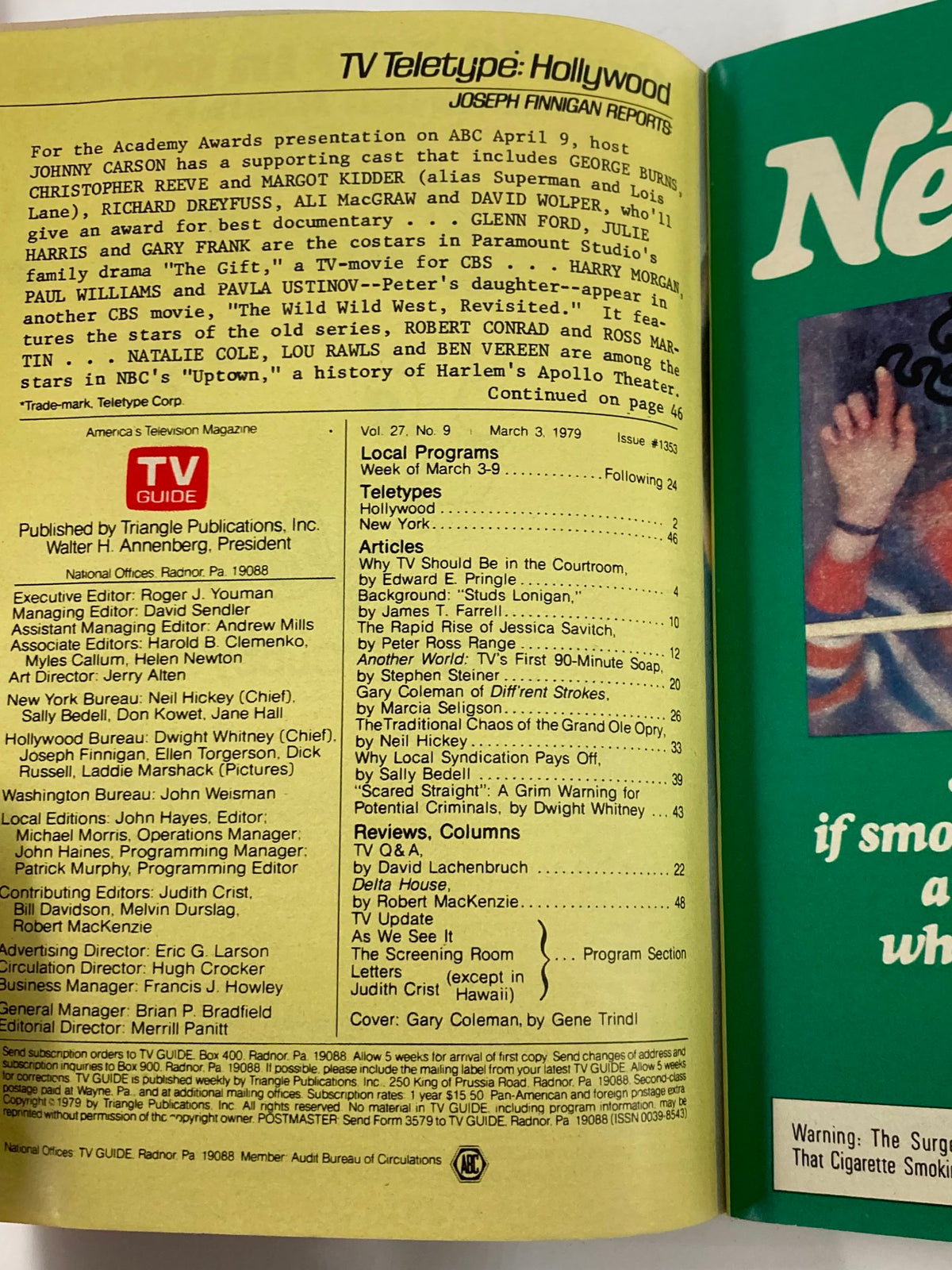 Interior page of TV Guide Magazine March 3, 1979, Issue #1353 featuring TV Teletype Hollywood section and article highlights, showcasing Gary Coleman from Diff’rent Strokes.