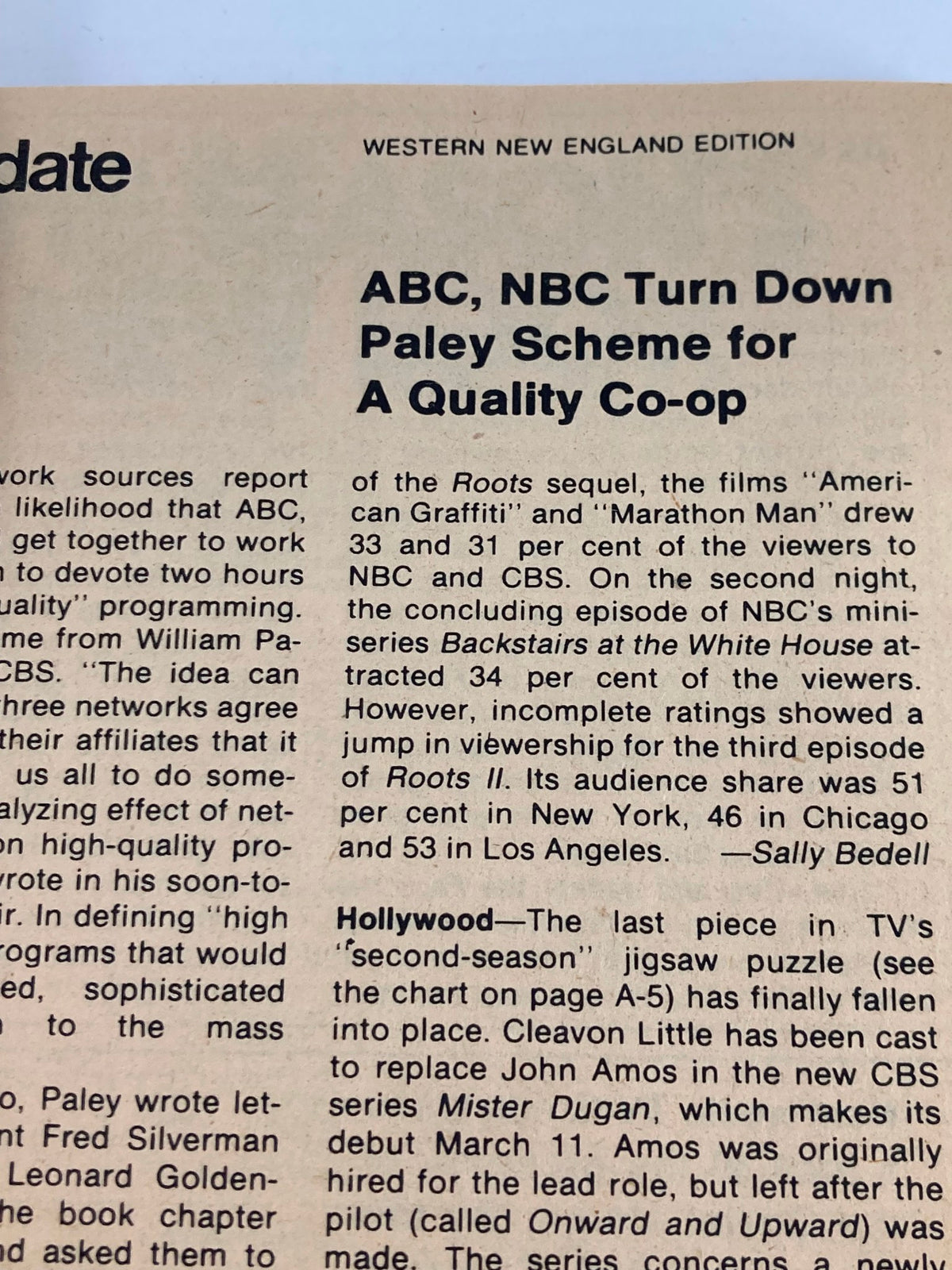 Western New England Edition text from TV Guide Magazine March 3, 1979, Issue #1353, discussing programming updates and viewer ratings for major television networks.