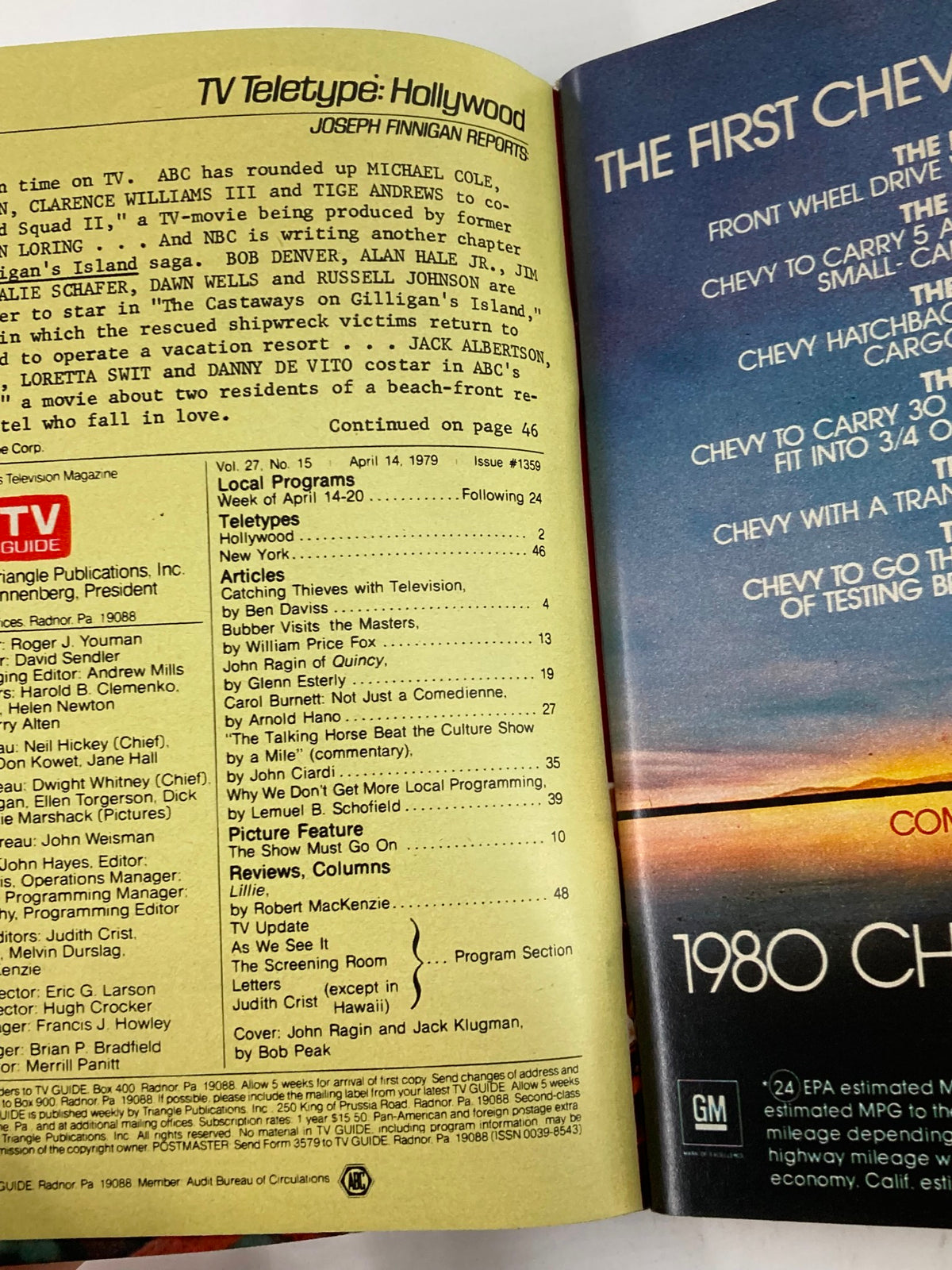 Inside pages of TV Guide Magazine April 14 1979 Issue #1359 featuring articles and programming details, including TV Teletype: Hollywood news and local program listings.