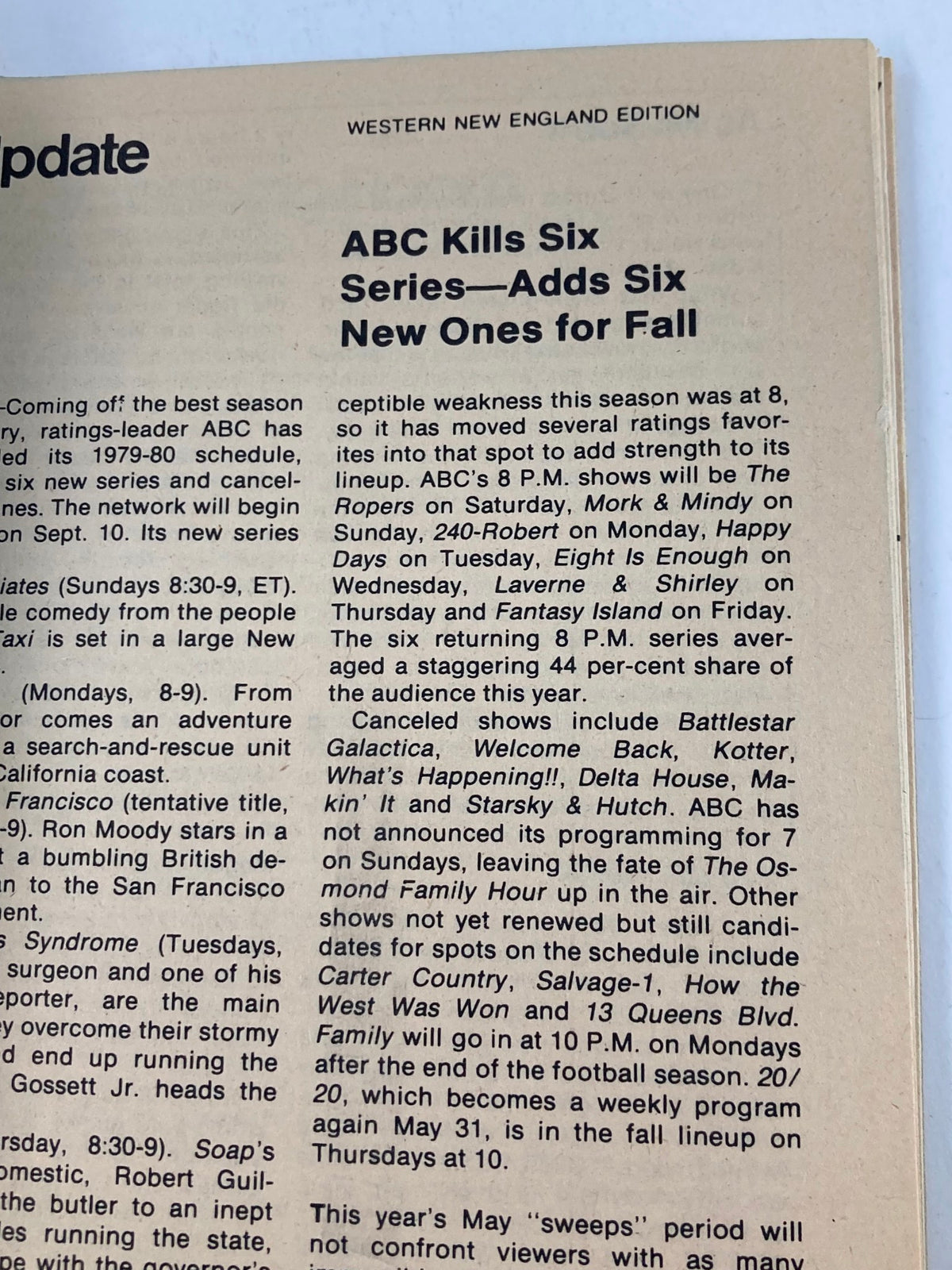 Inside page of TV Guide Magazine May 5, 1979 #1362 providing updates on ABC's programming schedule and series changes.