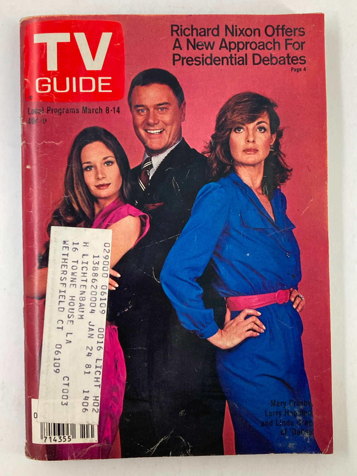 Cover of TV Guide Magazine March 8, 1980, Issue #1406 featuring Mary Crosby, Larry Hagman, and Linda Gray. The vibrant design includes bold text highlighting Richard Nixon's presidential debates.