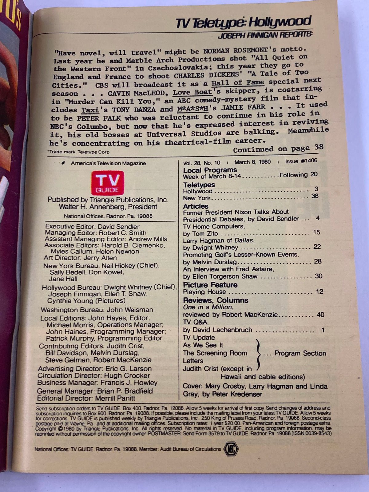 Inside page of TV Guide Magazine March 8, 1980, Issue #1406 showcasing articles and editorials about television programming. The page highlights details about upcoming shows and industry insights.
