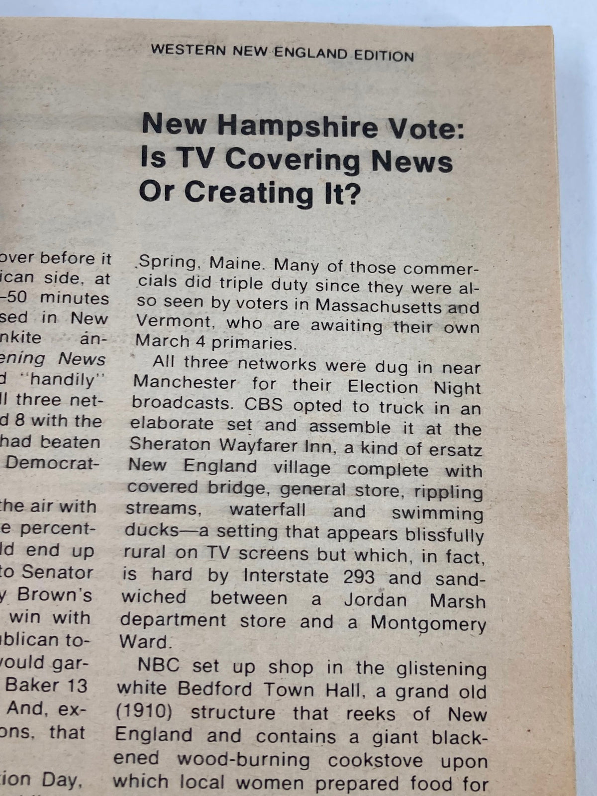 Article page from TV Guide Magazine March 8, 1980, Issue #1406 discussing the New Hampshire primaries and the role of television in news coverage. The text reflects the historical context of the era.