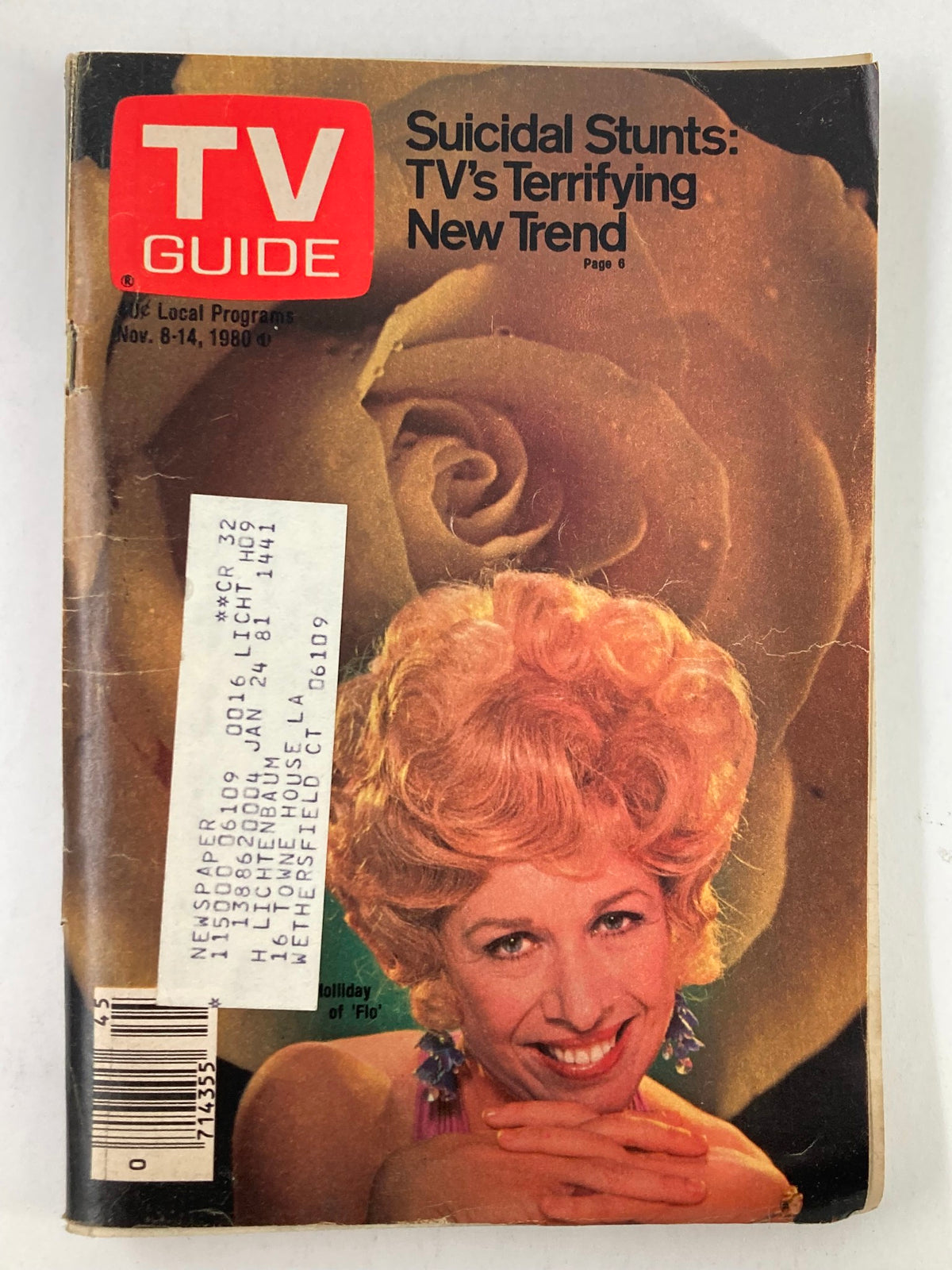 Cover of TV Guide Magazine November 8, 1980 featuring Polly Holliday, showcasing the title, 'Suicidal Stunts: TV's Terrifying New Trend', highlighting vintage television content from the Hartford-New Haven Edition.