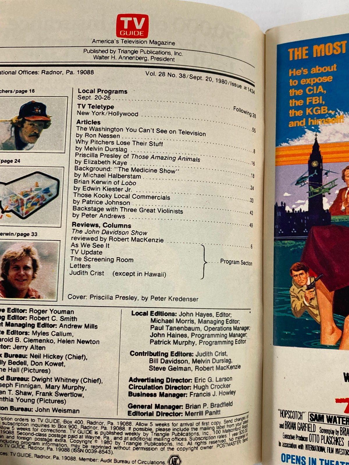Interior page of TV Guide Magazine September 28, 1980, presenting article listings including 'Priscilla Presley of Those Amazing Animals' and other television programs from that era.