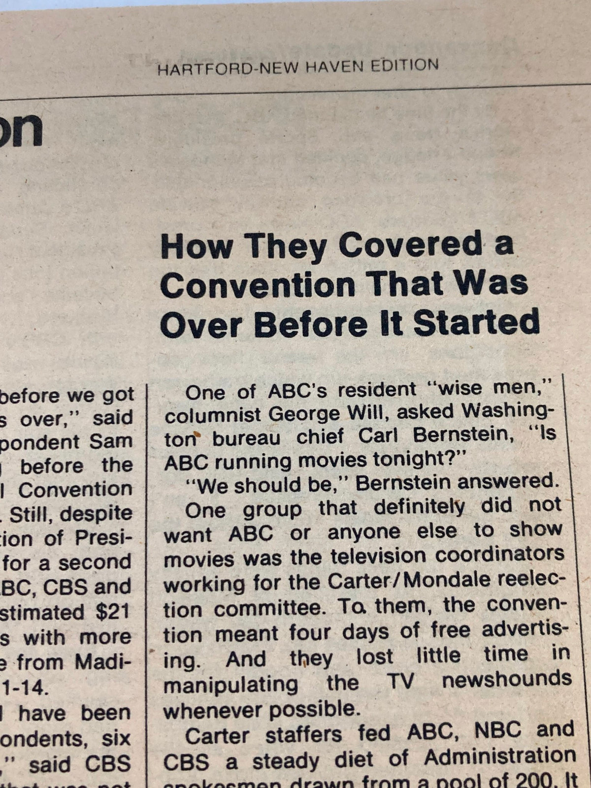 TV Guide Magazine August 23, 1980, #1430, featuring an article titled 'How They Covered a Convention That Was Over Before It Started.' This image showcases a detailed text discussing television coverage of a political convention, published in the Hartford-New Haven Edition.
