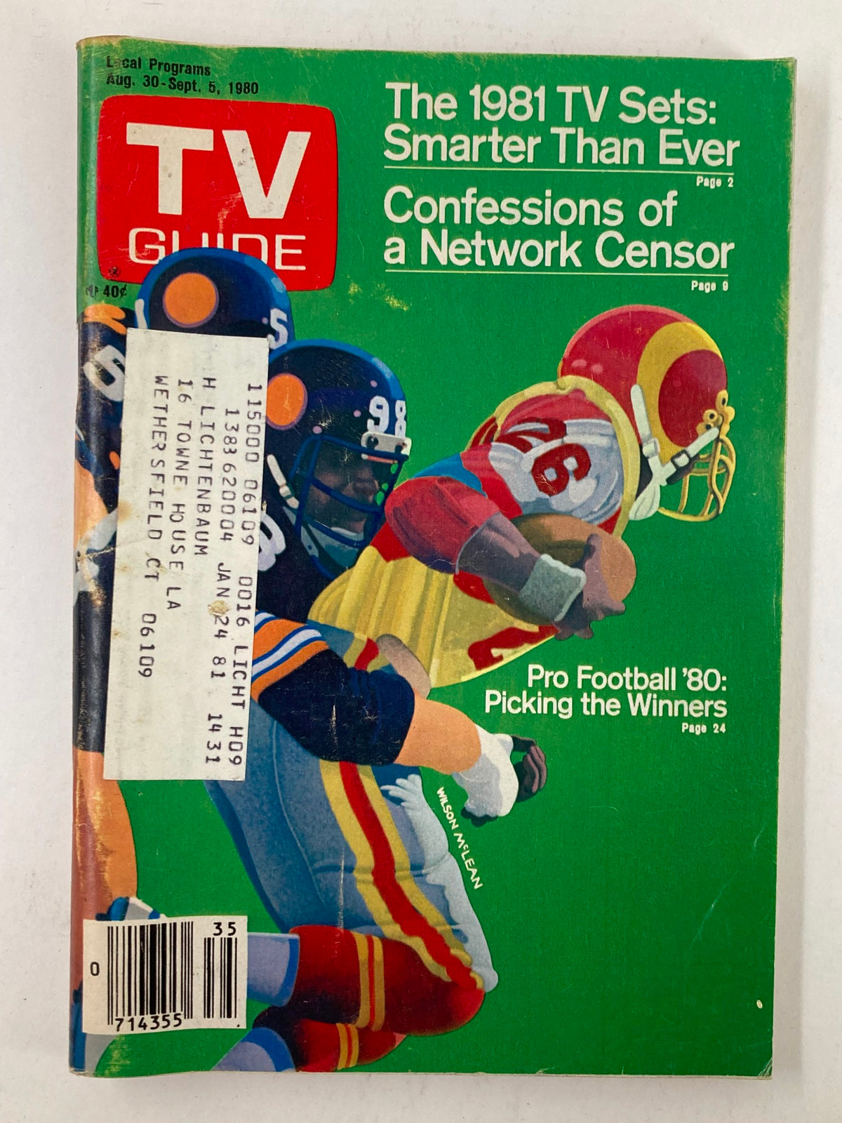 Cover of TV Guide Magazine from August 30, 1980, featuring Pro Football '80 for the Hartford-New Haven edition, showcasing colorful illustrations of football players and advertisements.