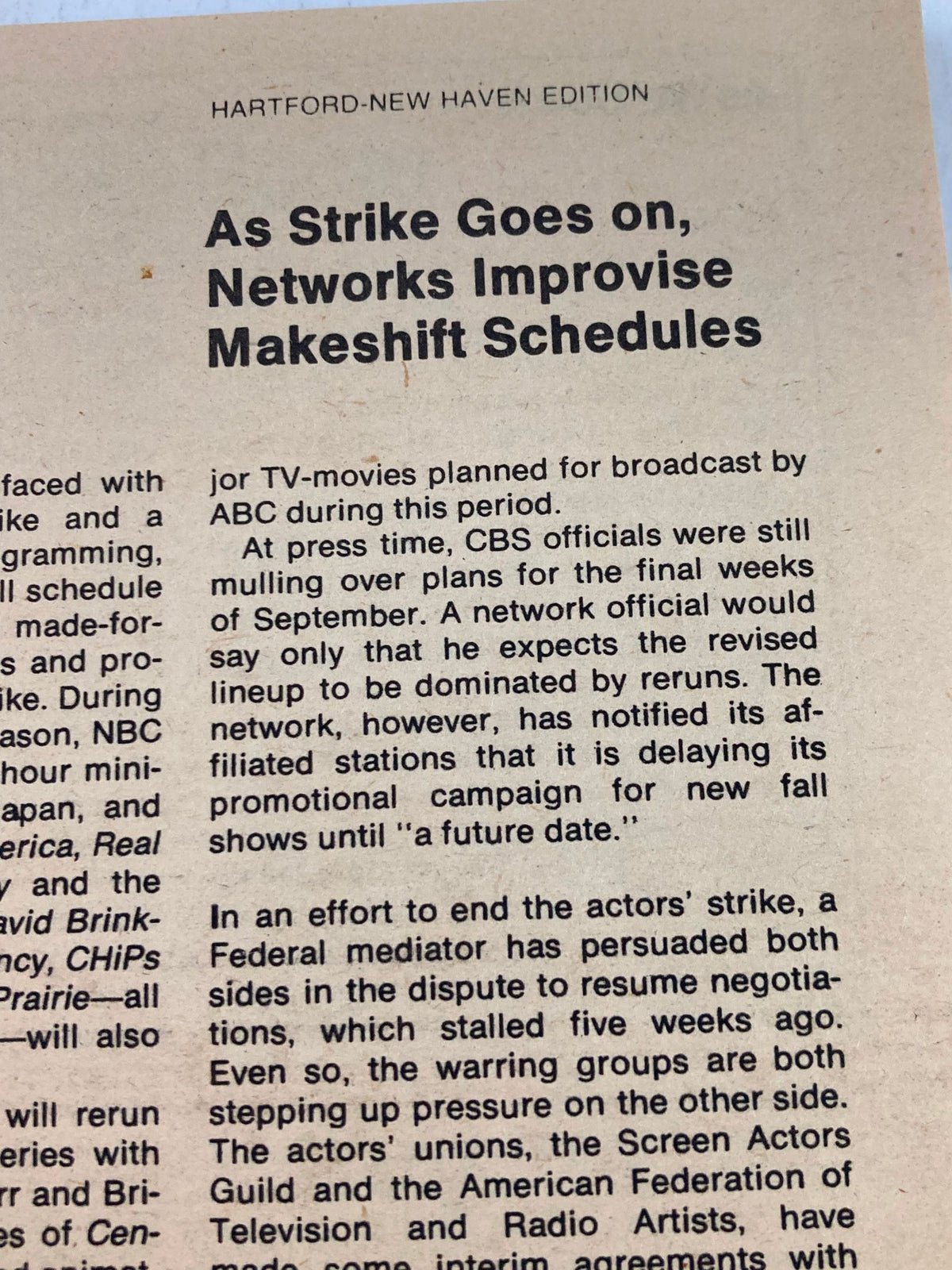 An article page from TV Guide Magazine August 30, 1980, detailing how networks are improvising makeshift schedules during an actors' strike, part of the Pro Football '80 edition for Hartford-New Haven.