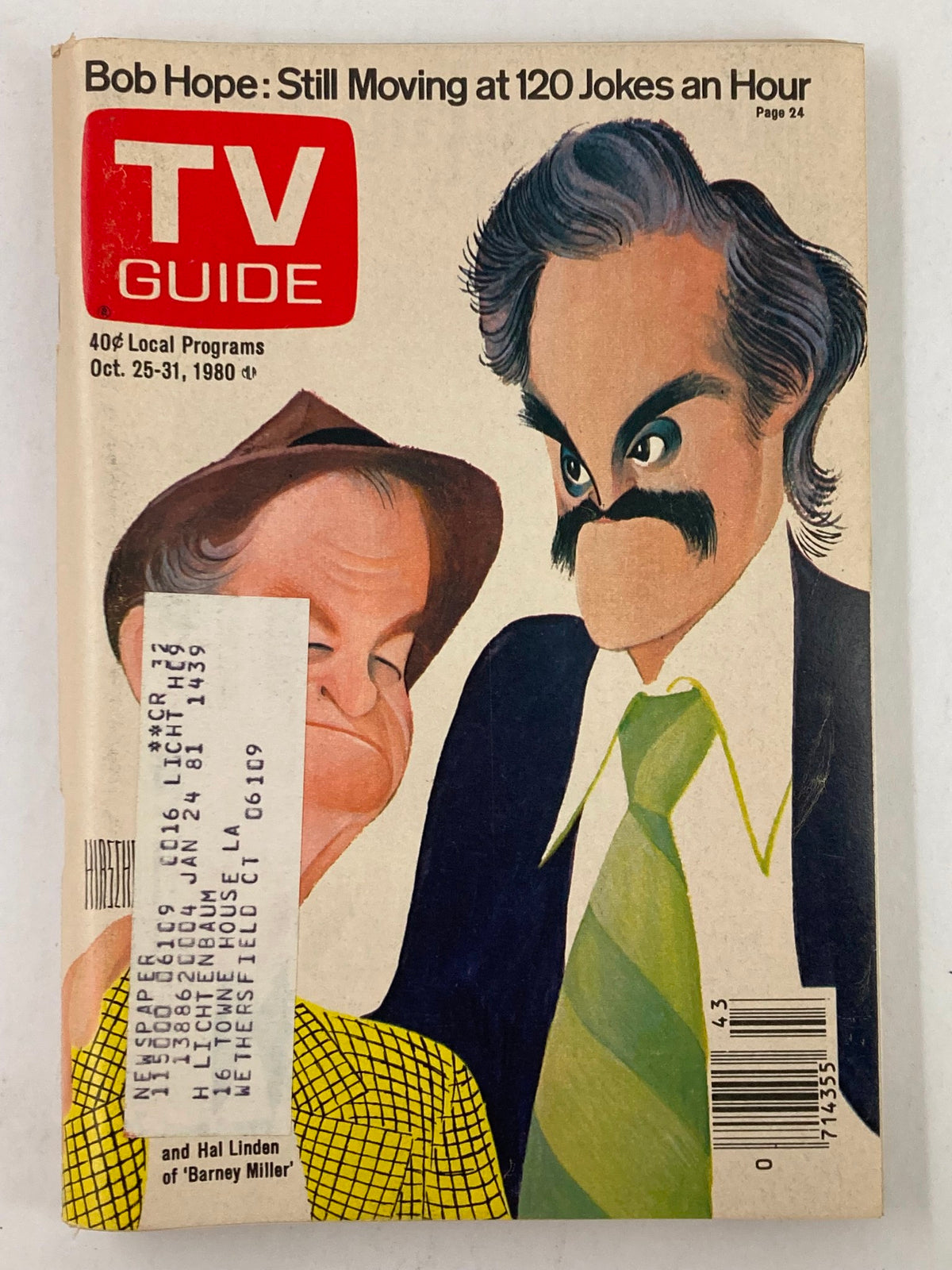 TV Guide Magazine cover from October 25, 1980 featuring a colorful illustration with caricatures of Bob Hope and Hal Linden, highlighting shows and events of the week.