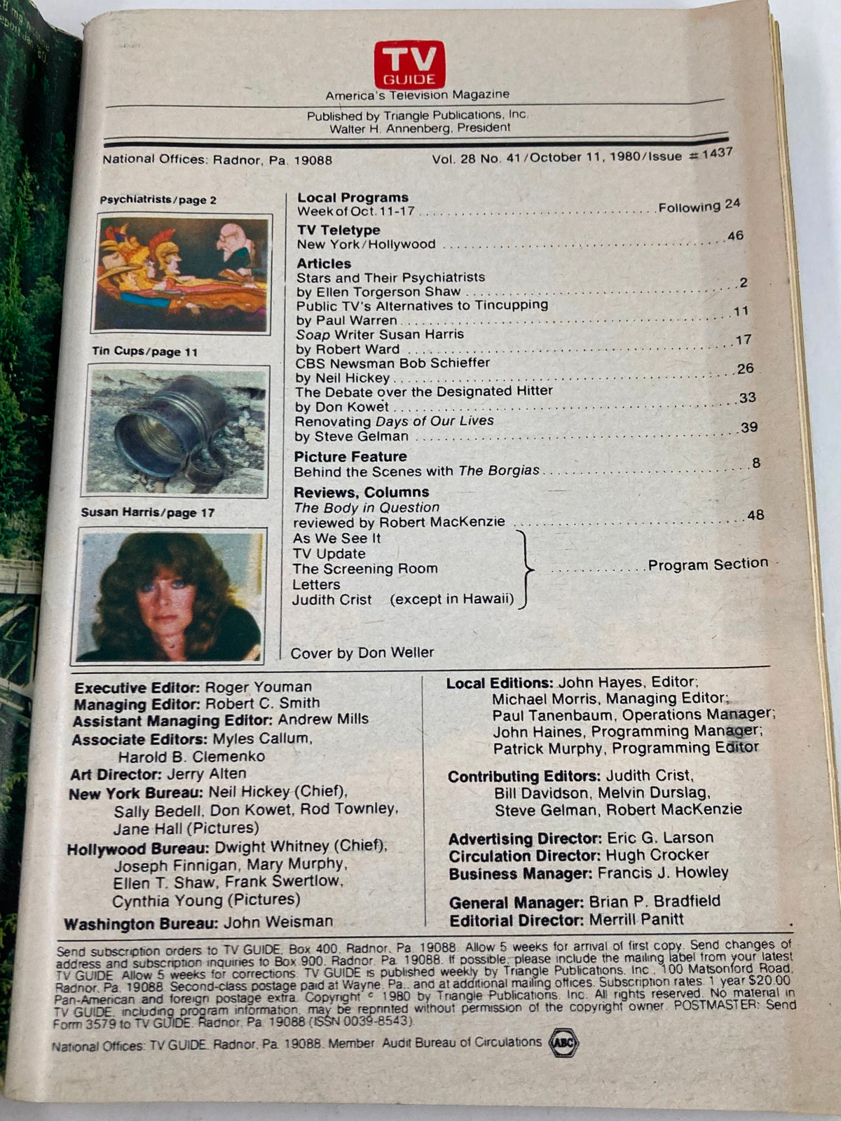 Inside page of TV Guide Magazine October 11, 1980, displaying the table of contents, including articles and local programs, emphasizing its historical value in television programming.