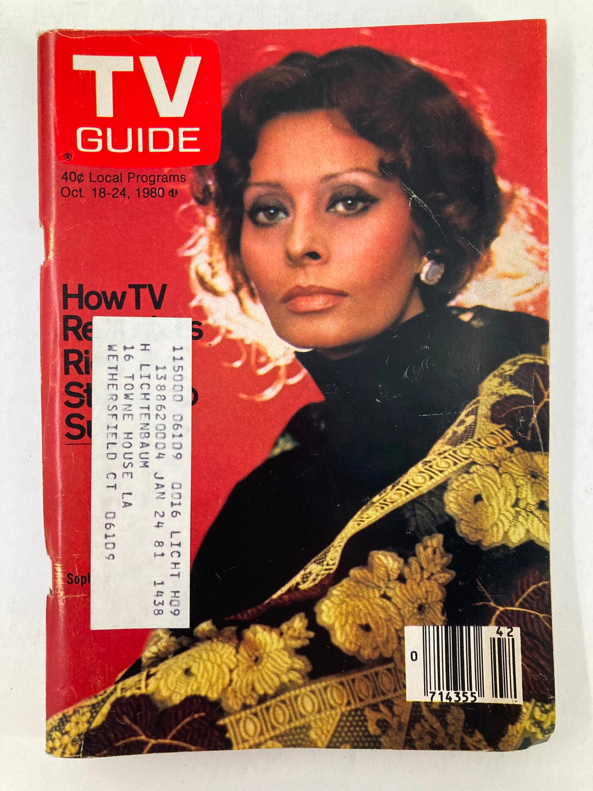 TV Guide Magazine October 18, 1980, issue #1438 featuring Sophia Loren on the cover, showcasing her iconic look against a vibrant red background.