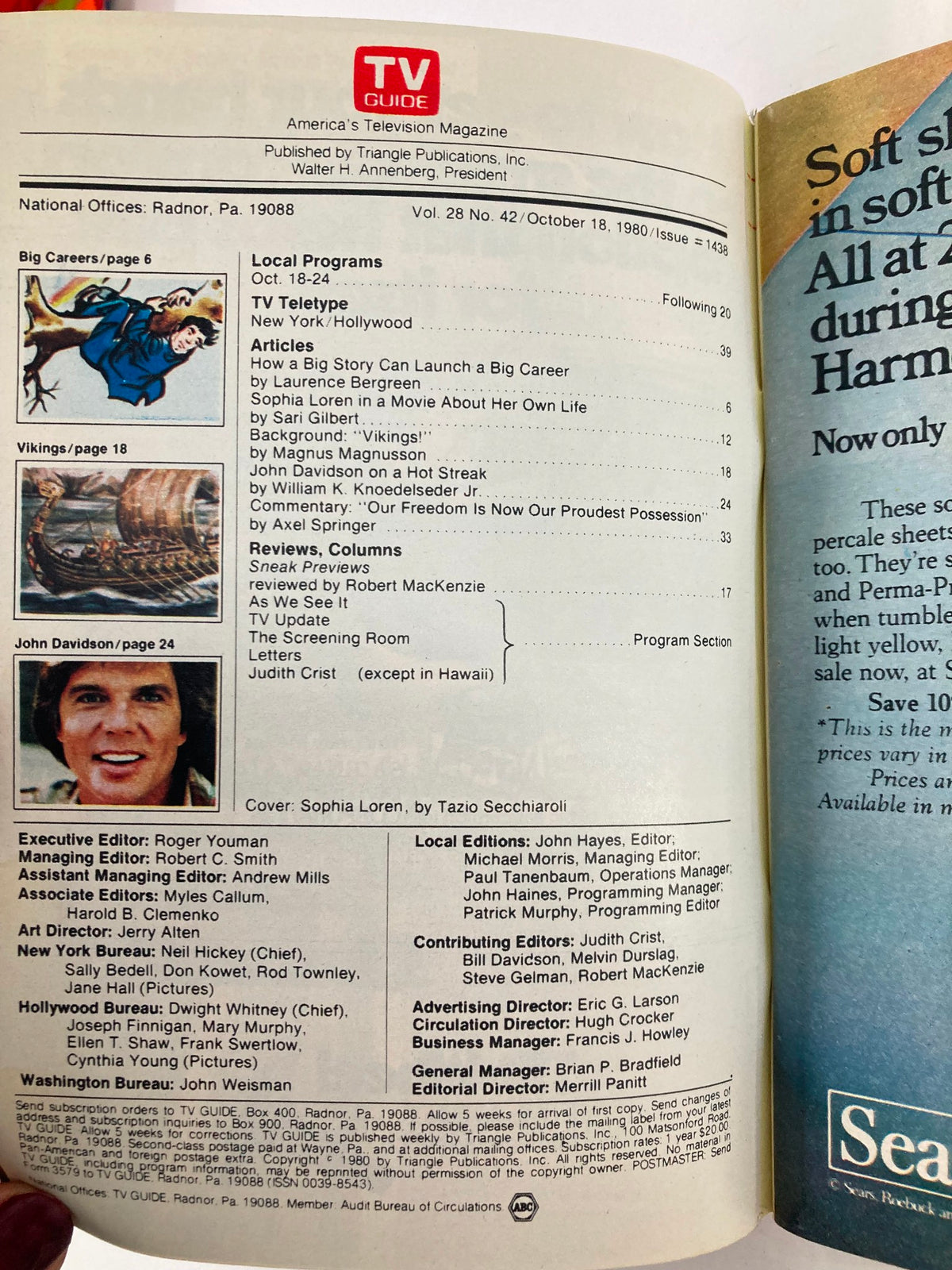 The inside cover of TV Guide Magazine October 18, 1980, issue #1438, detailing the magazine's articles, including features on Sophia Loren and TV programming listings.