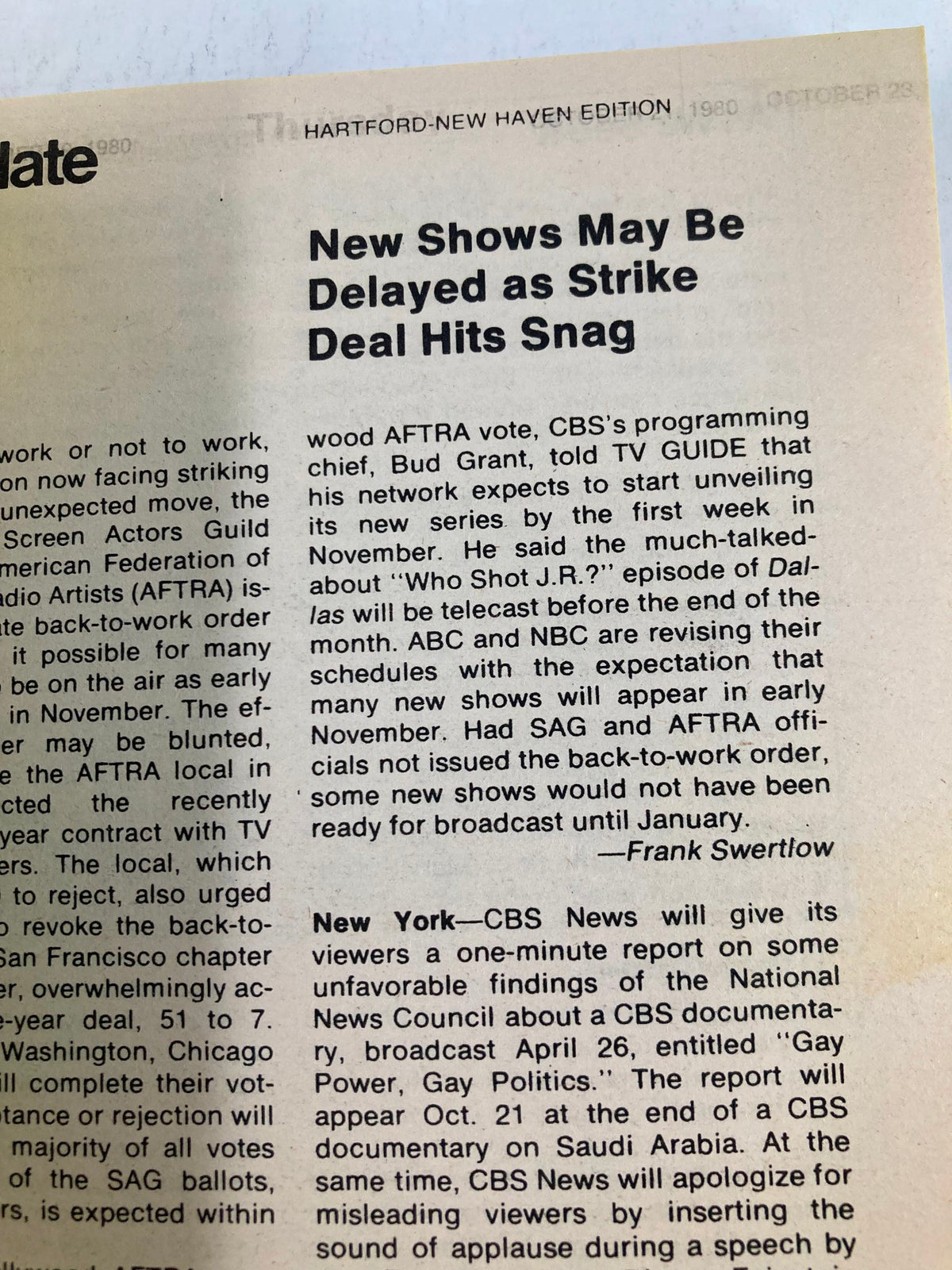 An article excerpt from TV Guide Magazine October 18, 1980, issue #1438, discussing the impact of a strike on new television shows, marking a historical moment in broadcasting.