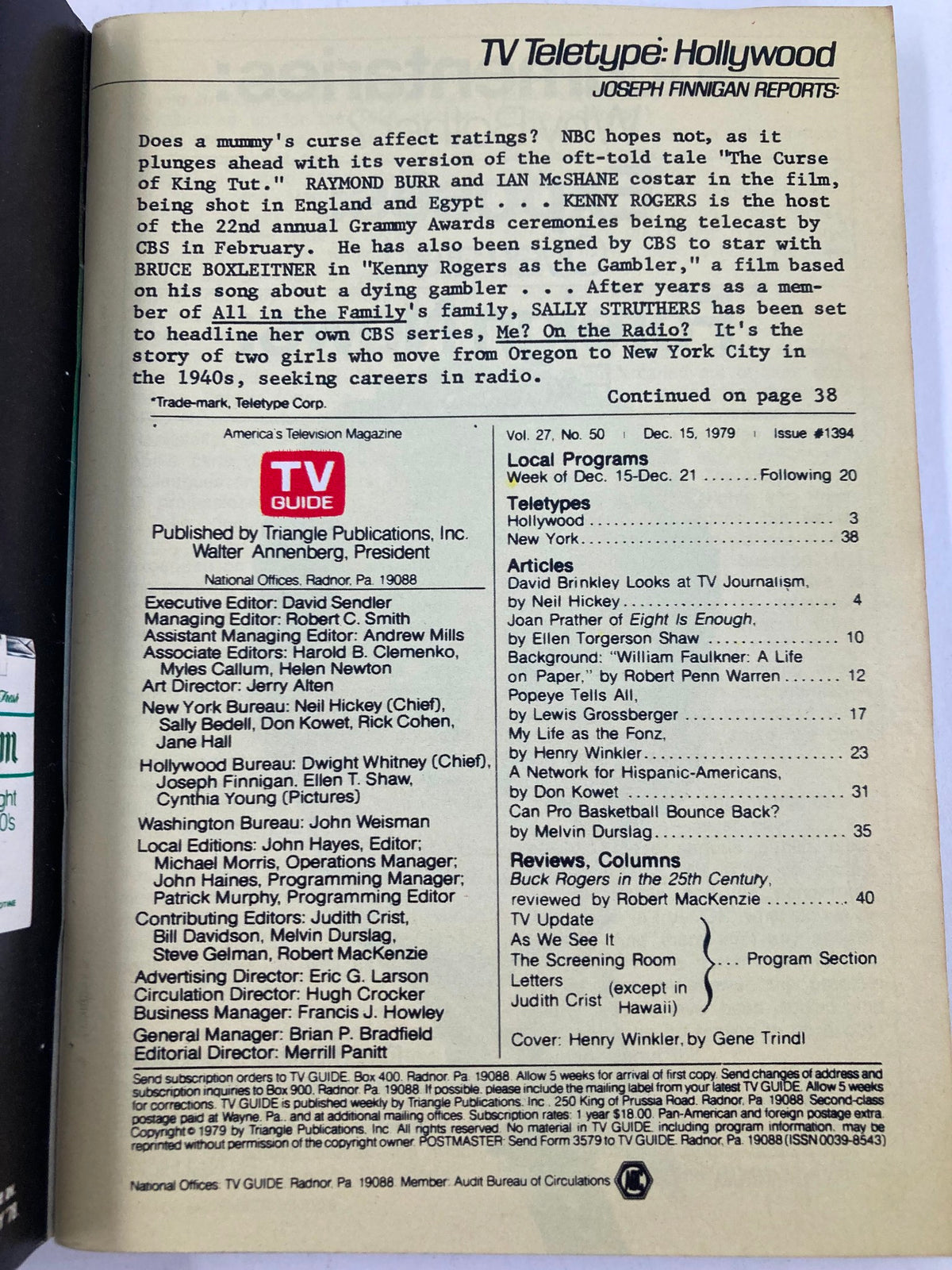 Back page of TV Guide Magazine December 15 1979 featuring TV Teletype Hollywood section and details on programming changes, highlighting notable personalities like Henry Winkler.