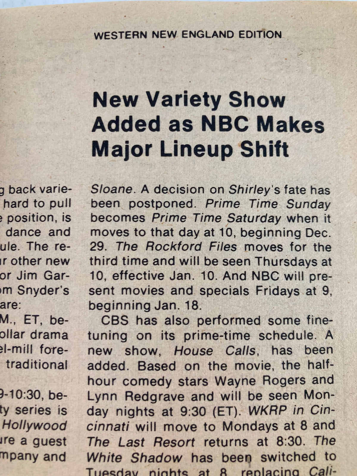 Interior page of TV Guide Magazine December 15 1979 detailing NBC's new variety show added to the lineup, specifically from the Western New England Edition.