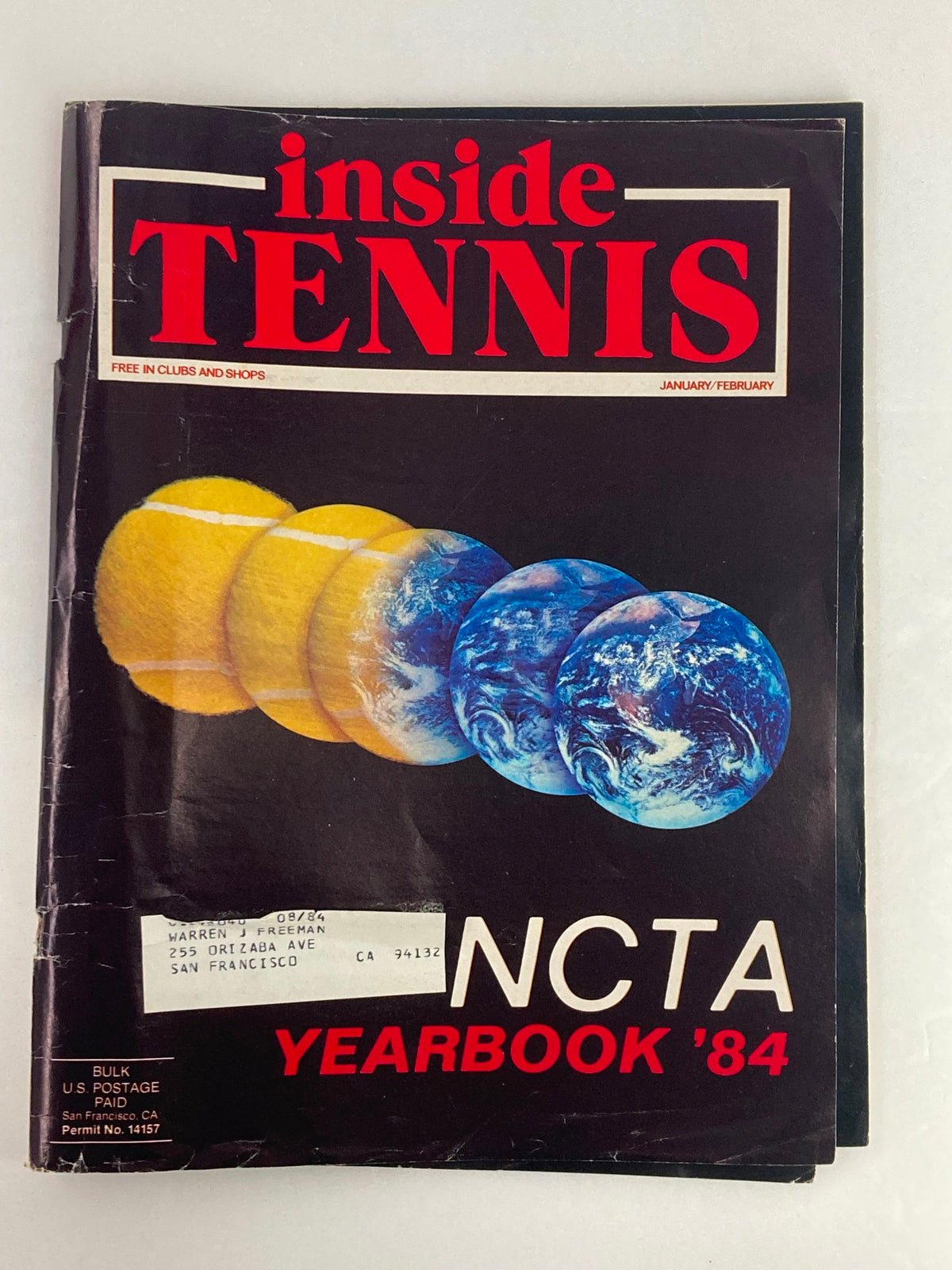Cover of VTG Inside Tennis Magazine January 1984 featuring NCTA Yearbook '84 with visuals of tennis balls and earth, highlighting a classic collectible for tennis enthusiasts.