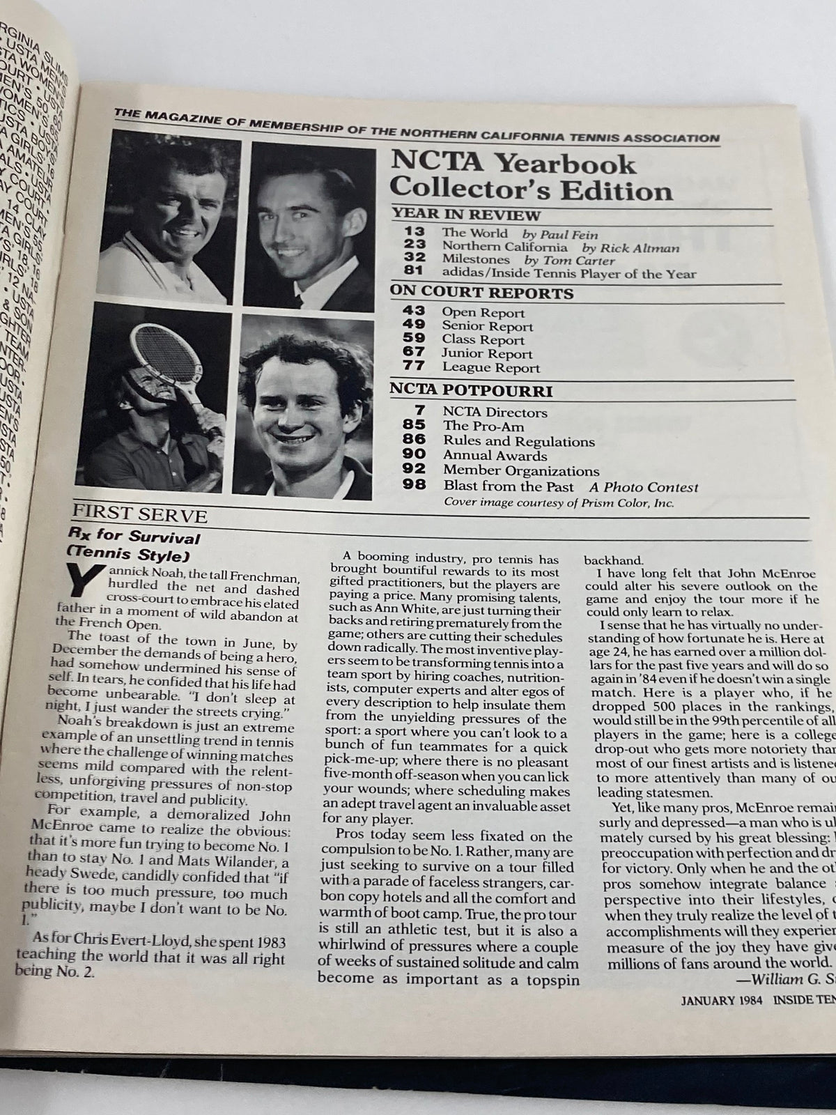 Inside Tennis Magazine January 1984 featuring the NCTA Yearbook 1984, showcasing tennis player highlights and reports, including commentary on the pressures faced by professional tennis players.