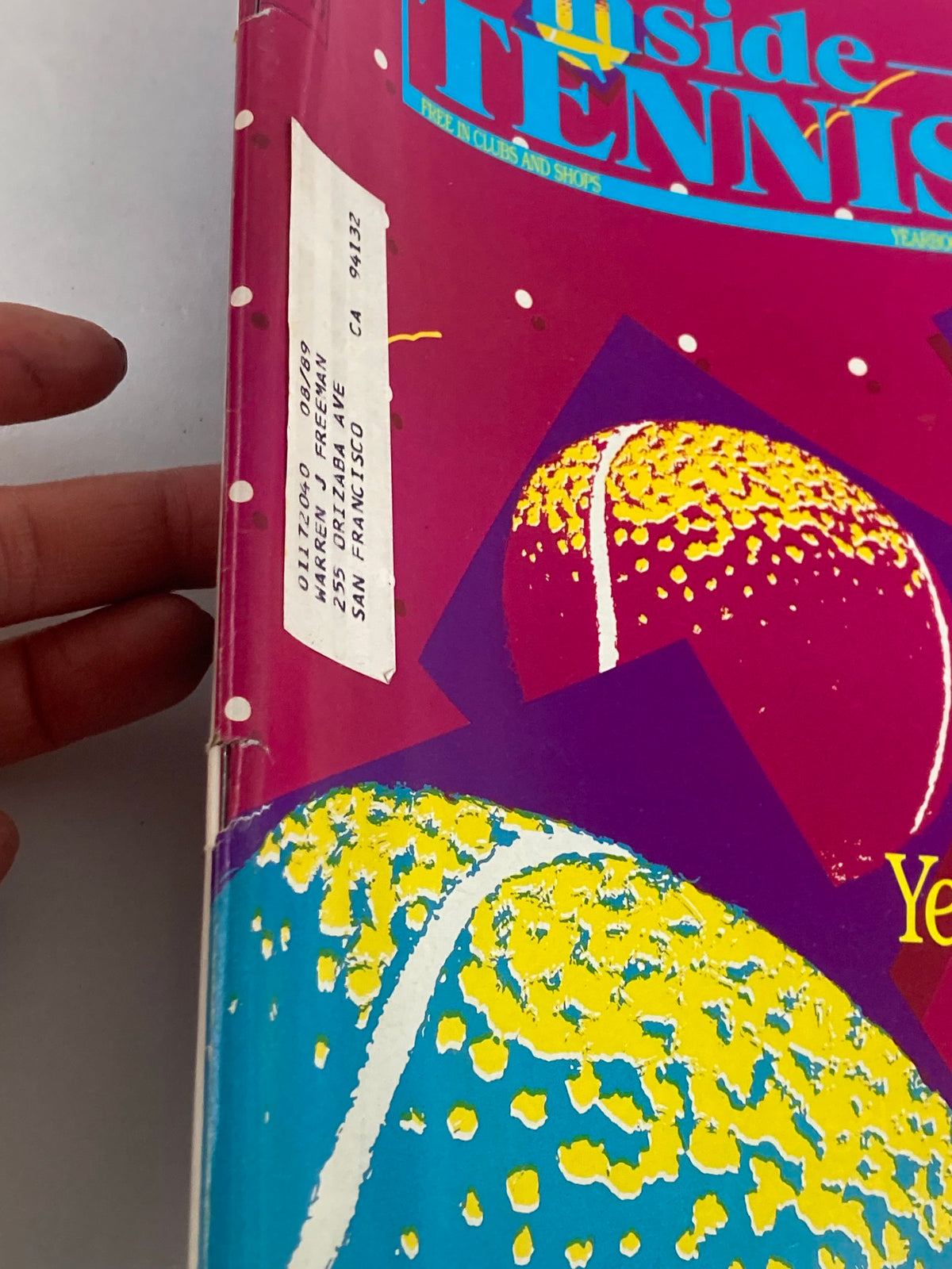 Close-up view of the spine of the VTG Inside Tennis Magazine 1988 NCTA Yearbook Collector's Edition, showing the magazine's title and address label.