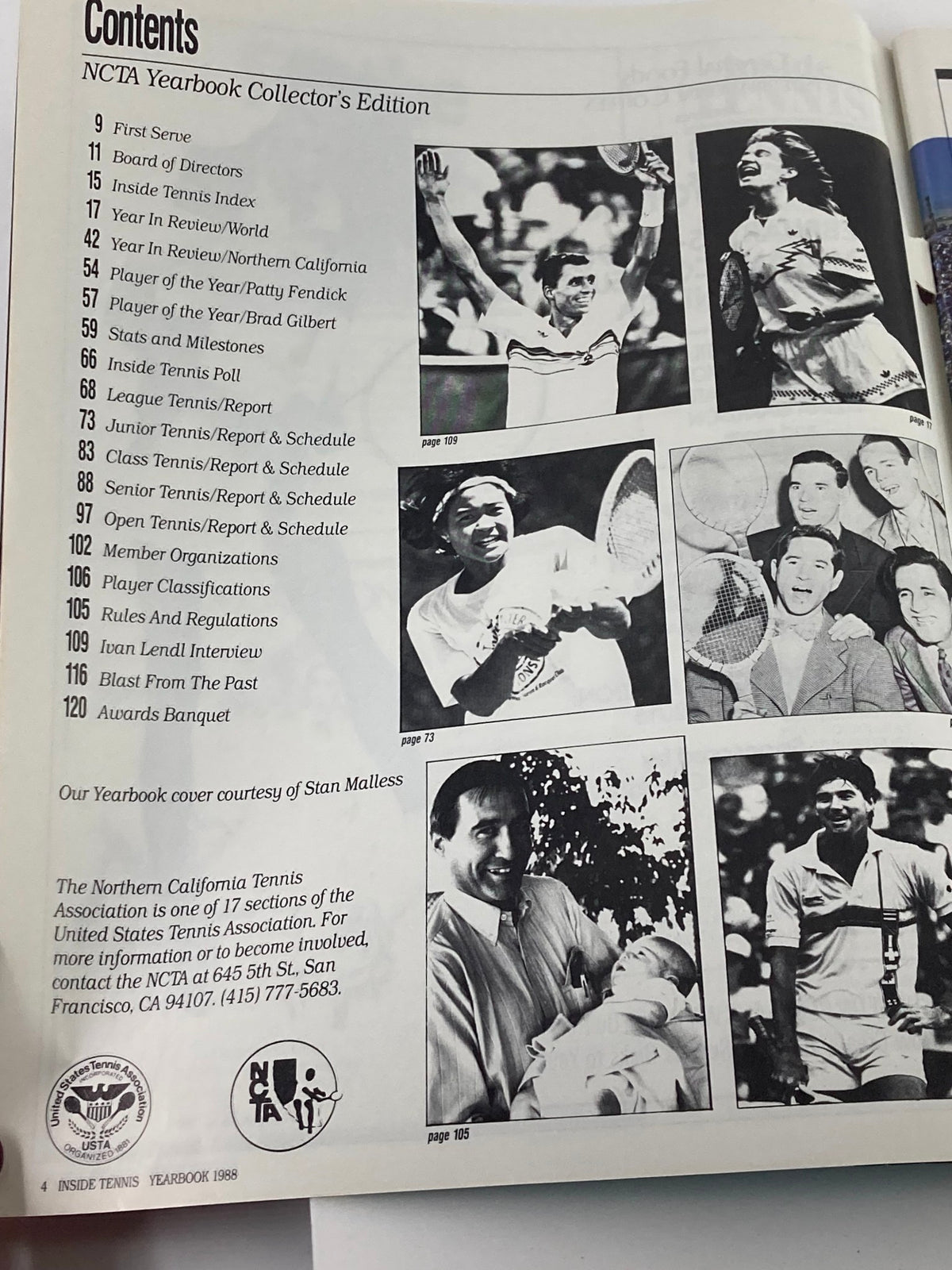 Interior page of the VTG Inside Tennis Magazine 1988 NCTA Yearbook Collector's Edition displaying the contents list, including player profiles and highlights from the tennis year.