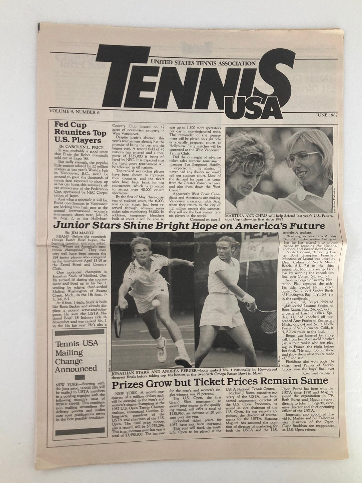 Vintage Tennis USA Magazine from June 1987 featuring Martina Navratilova and Chris Evert. The cover highlights their epic rivalry in tennis during the late 1980s, capturing a significant moment in sports history.