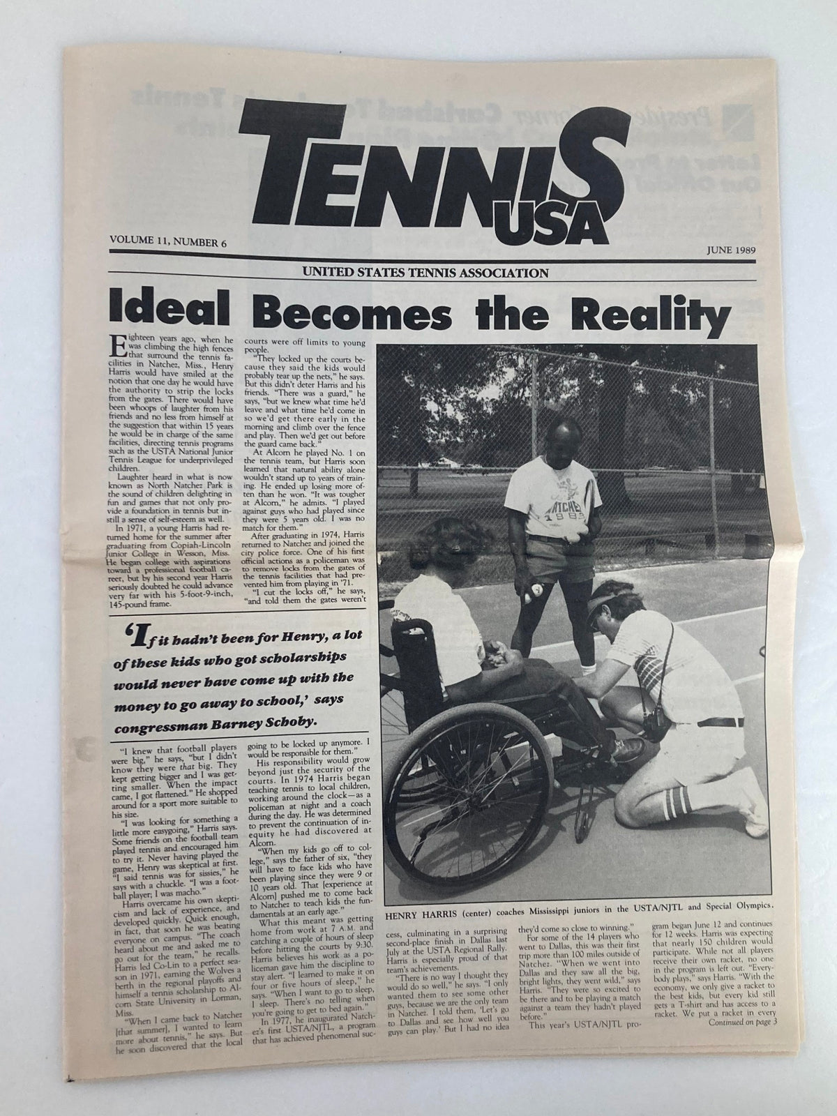 VTG Tennis USA Magazine June 1989 featuring article on Henry Harris and USTA/NJTL initiatives, showcasing community engagement in tennis.