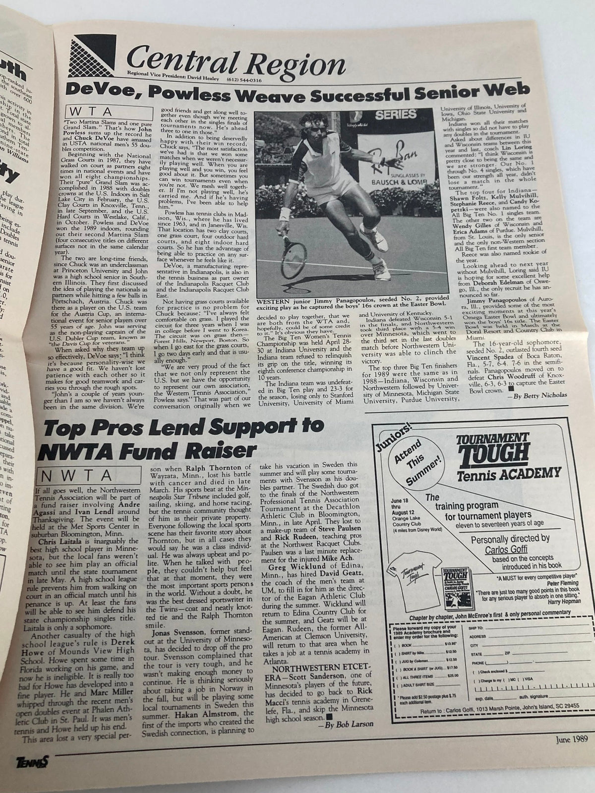 VTG Tennis USA Magazine June 1989 highlighting regional tennis events and top players, emphasizing the magazine's focus on tennis history and youth development.