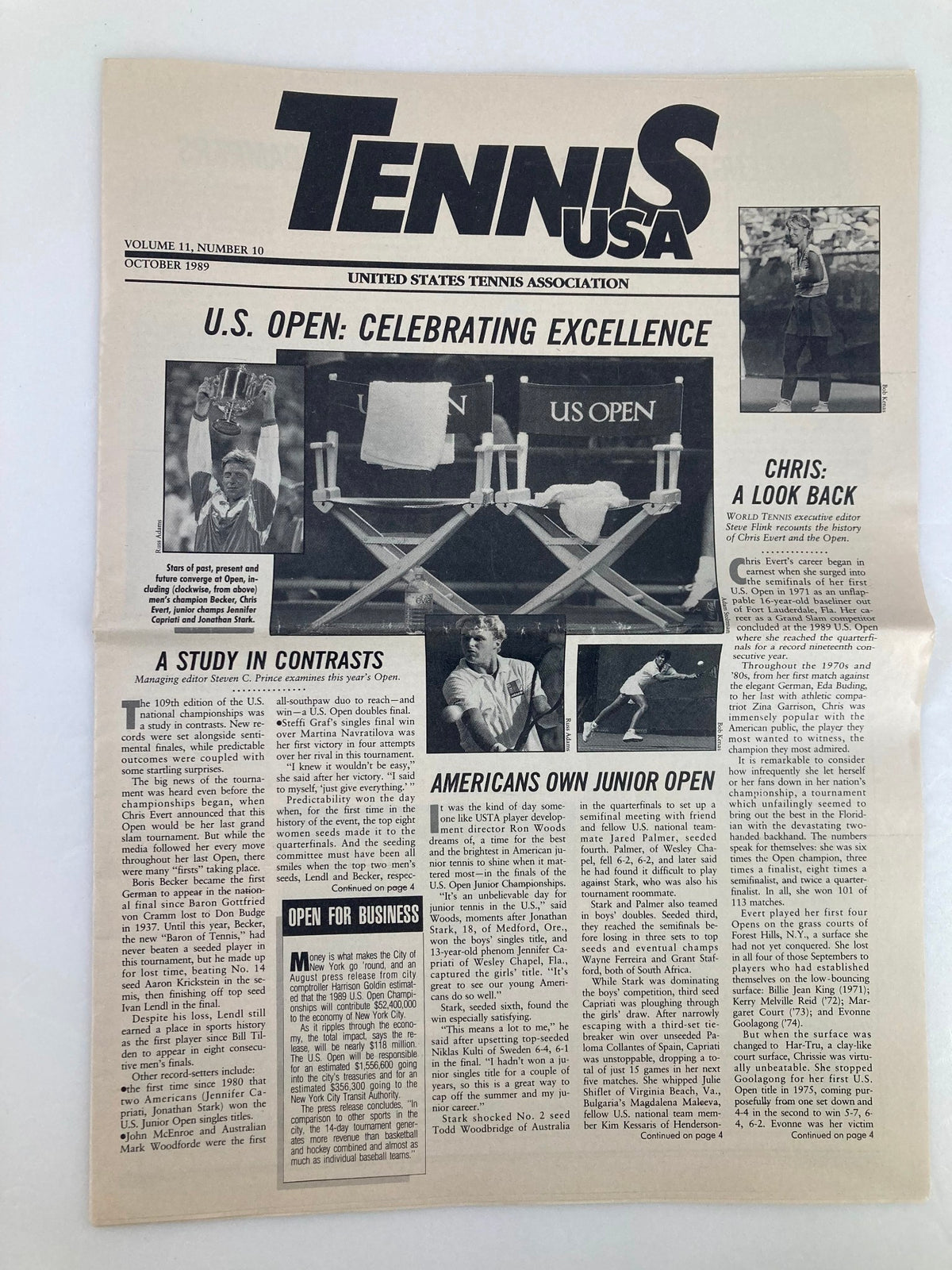 Vintage Tennis USA Magazine October 1989, showcasing a feature on the U.S. Open, articles about tennis legends, and insights from the world of tennis.