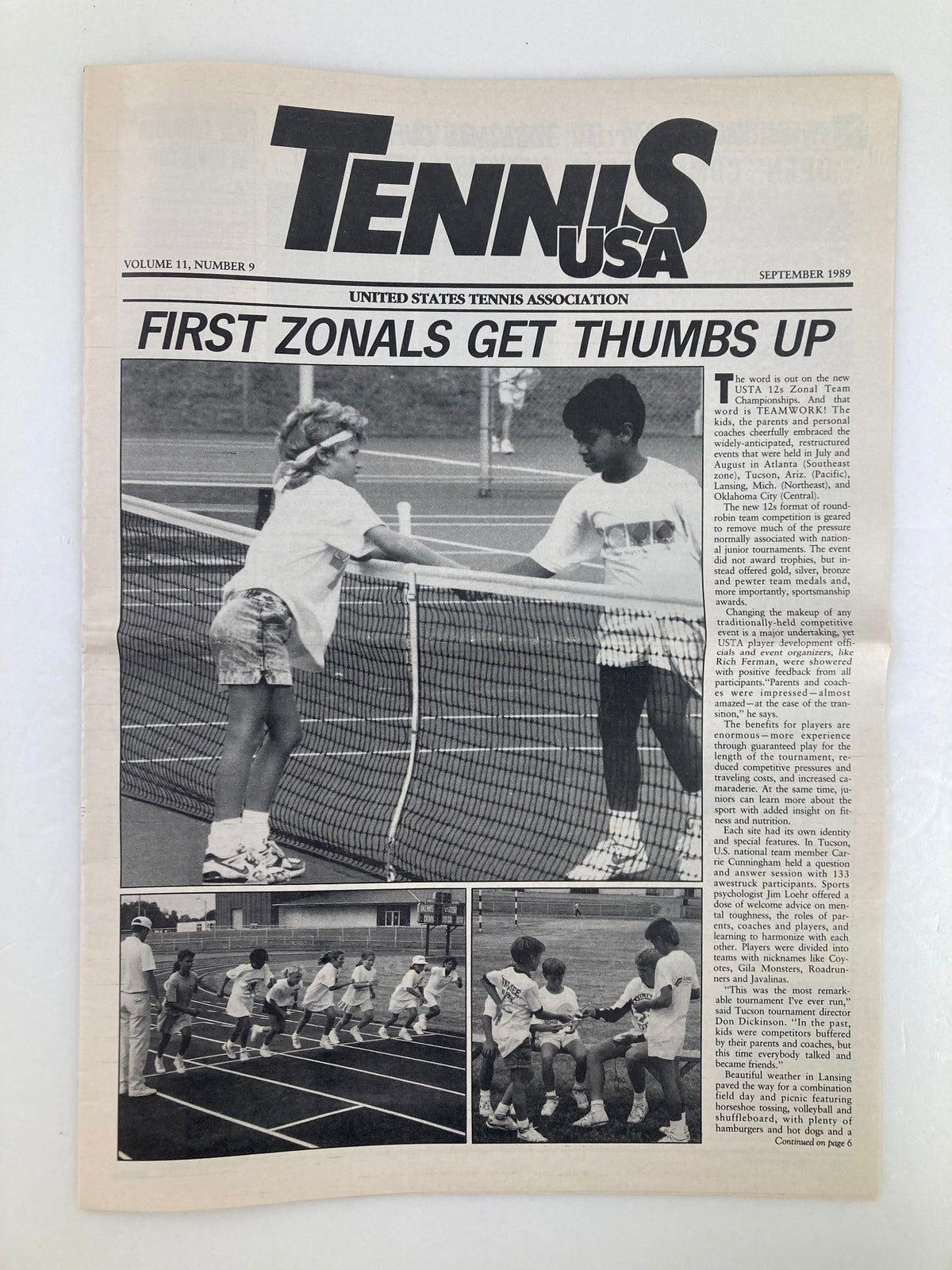 Tennis USA Magazine September 1989, Volume 11 Number 9, featuring youth players engaging in tennis training. The image showcases the USTA 12s Zonal Team, celebrating teamwork through various activities on the court.