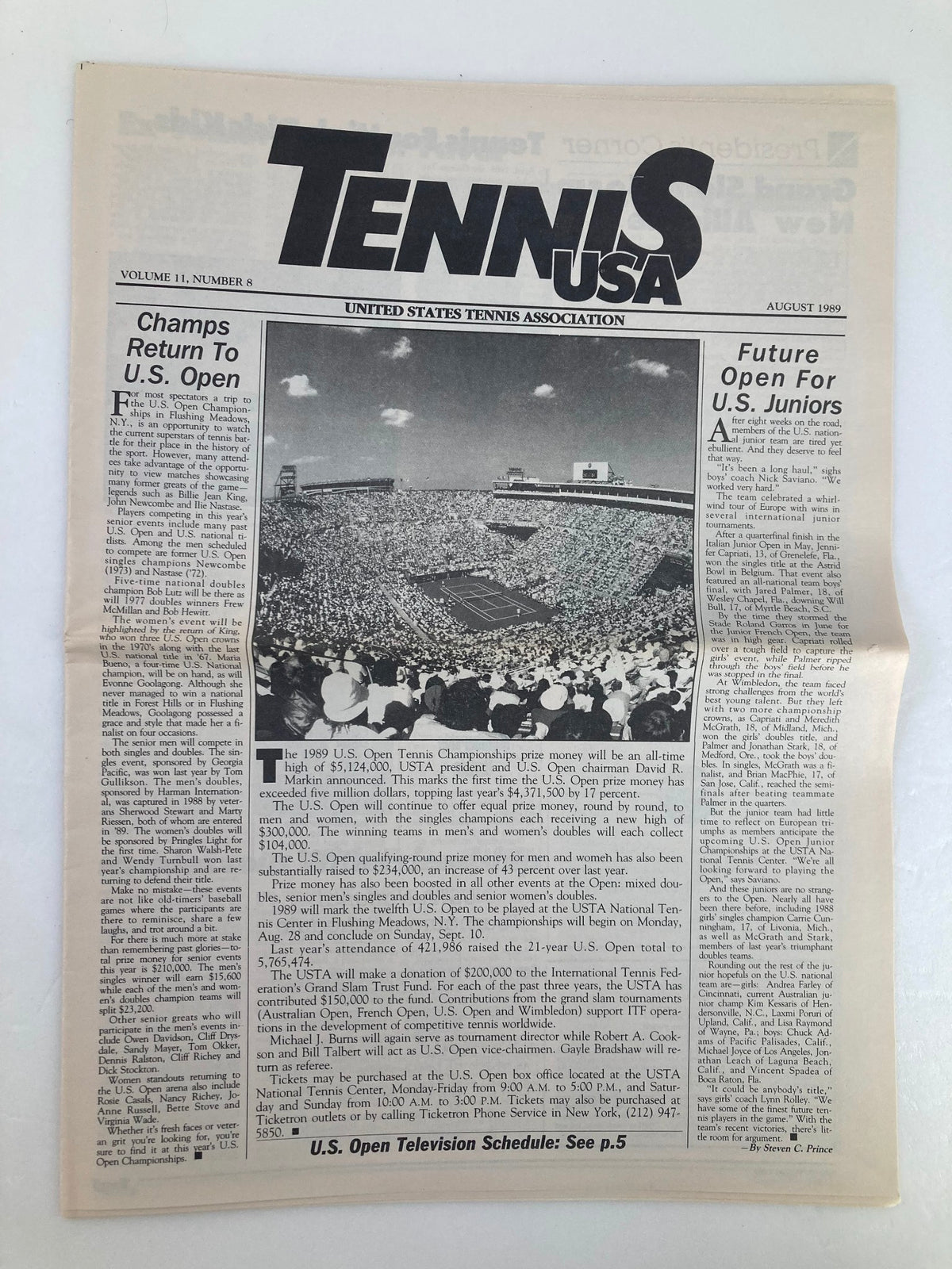 VTG Tennis USA Magazine August 1989 Vol 11 #8 Champs Return to US Open front cover featuring a large crowd at the US Open with headline about tennis champions returning.