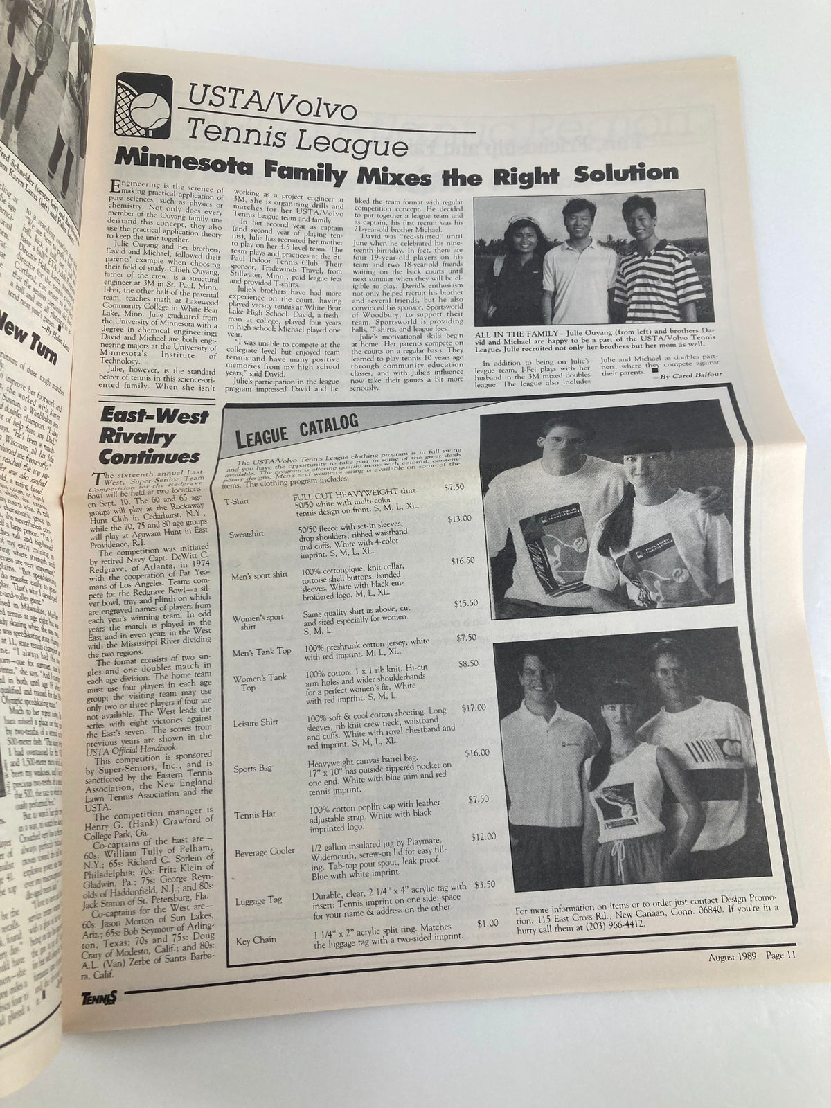 VTG Tennis USA Magazine August 1989 Vol 11 #8 featuring USTA/Volvo Tennis League article with Minnesota family and a league catalog for tennis apparel.