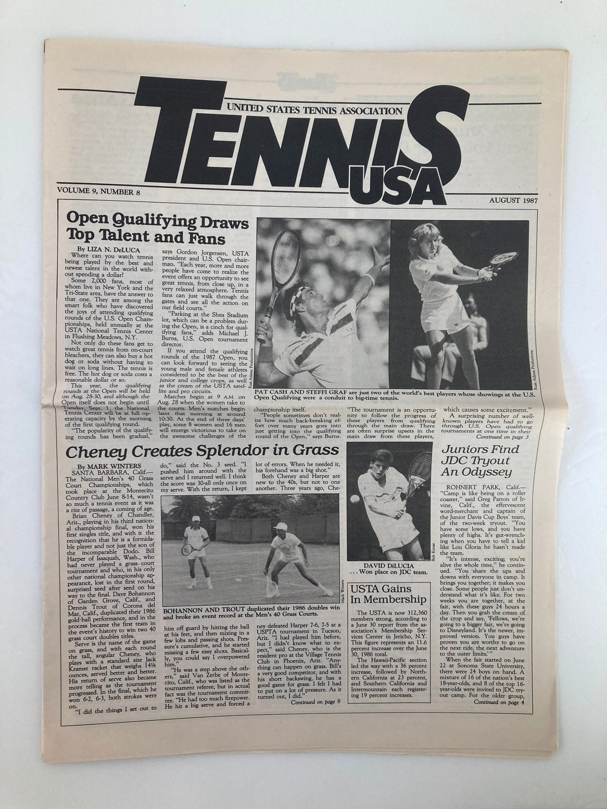 VTG Tennis USA Magazine August 1987 cover featuring Pat Cash and Steffi Graf, showcasing tennis news and event details from the late 1980s.