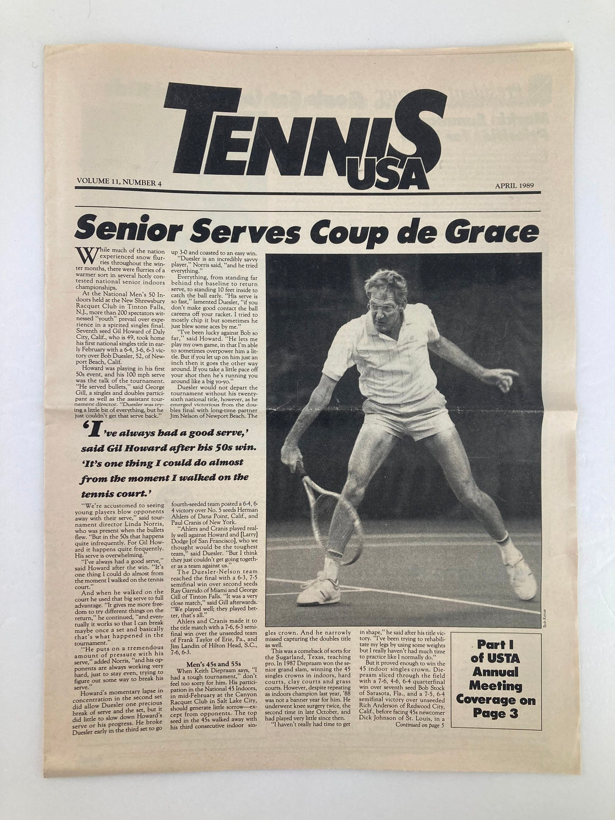 VTG Tennis USA Magazine April 1989 Vol 11 #4 featuring the article 'Senior Serves Coup de Grace'. The image shows a tennis player in action on the court, reflecting the spirit of competitive tennis in the late 1980s.