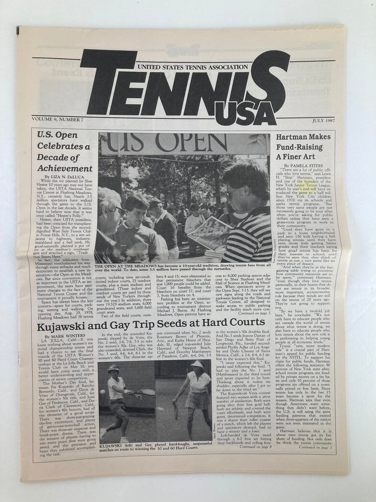 Cover of Tennis USA Magazine July 1987 Vol 9 #7 featuring the article 'U.S. Open Celebrates a Decade of Achievement' and news on the Open at The Meadows.
