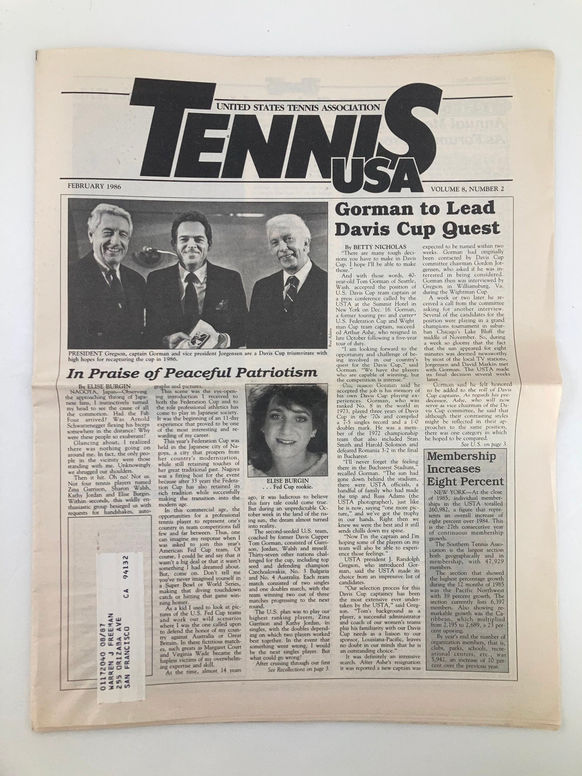 February 1986 issue of Tennis USA magazine, Volume 8, Number 2, featuring Capt. Gorman and Gregson on the cover, highlighting tennis events and nostalgia from the 1980s.