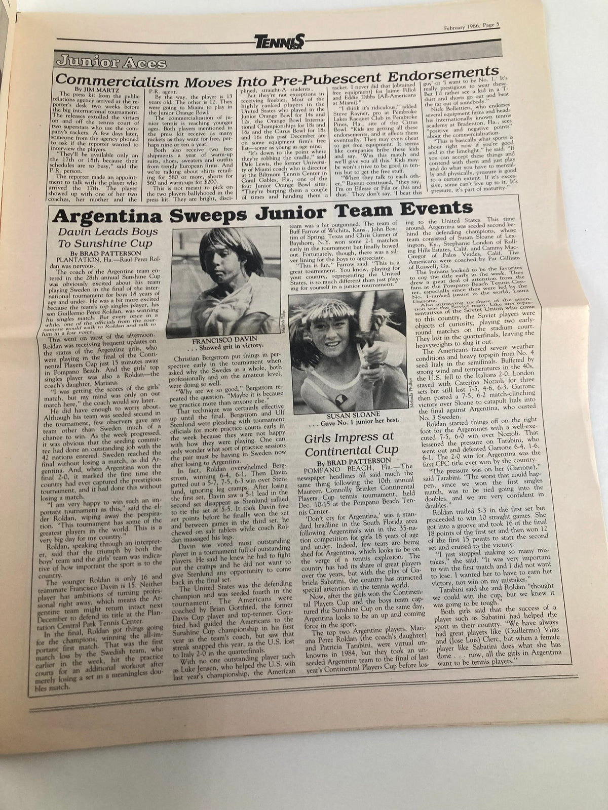 Inside pages of February 1986 Tennis USA magazine, Volume 8, Number 2, showcasing articles on youth tennis events and commercialism in the sport, reflecting the trends of the mid-80s.
