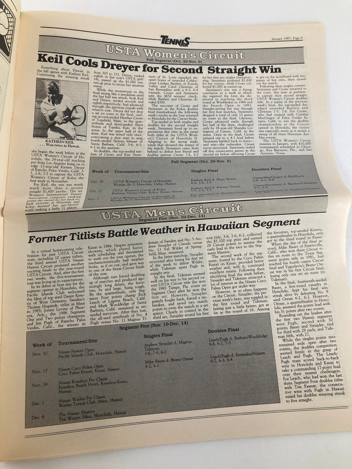 Tennis USA Magazine January 1987 interior page covering USTA Women's Circuit results and player highlights, including Katherine Keil and match summaries.