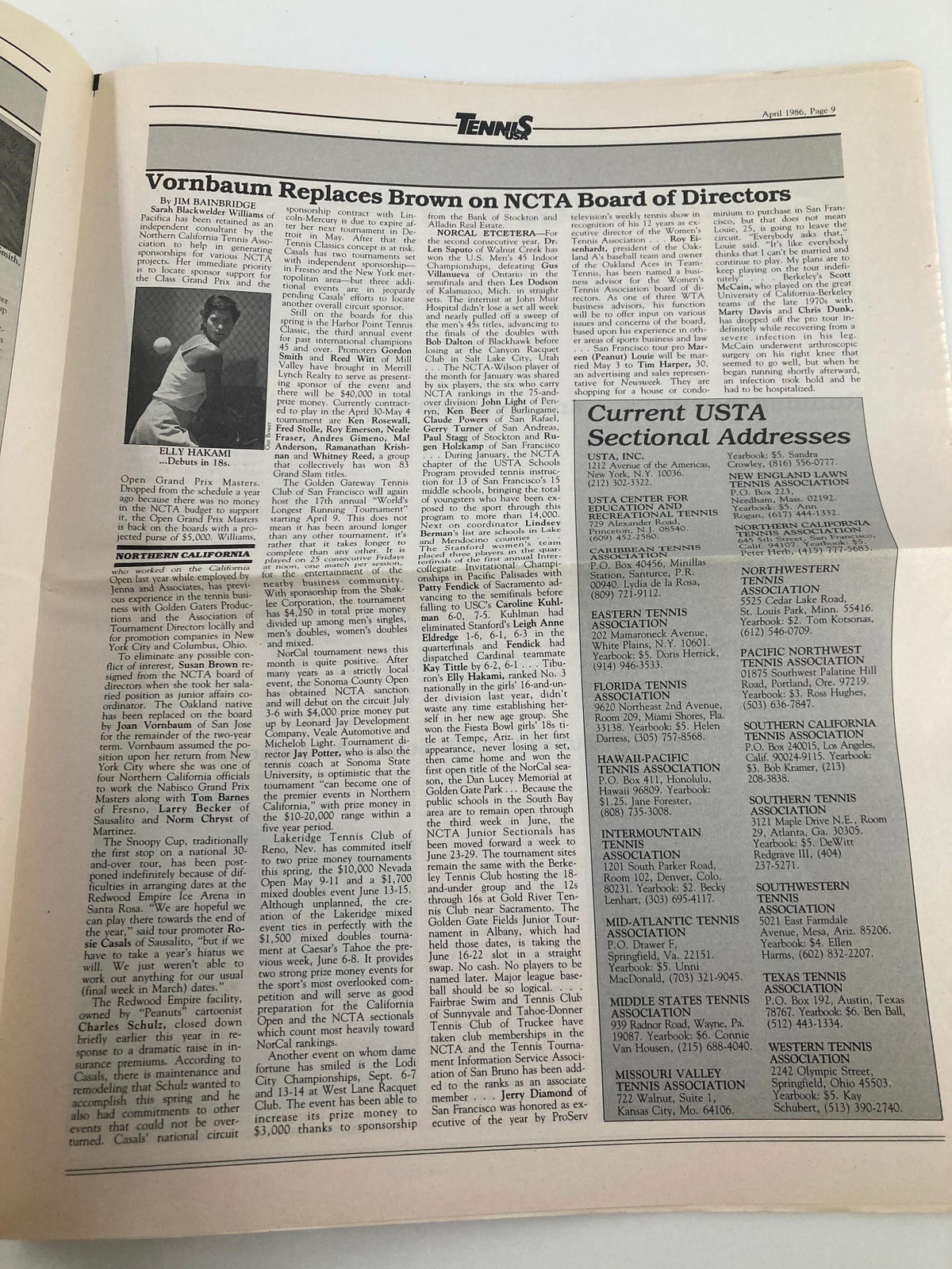 Page 9 of the April 1986 issue of Vintage Tennis USA Magazine, Vol 8 No 4, featuring an article discussing various tennis events, player updates, and USTA sectional addresses, showcasing the historical context of tennis at that time.